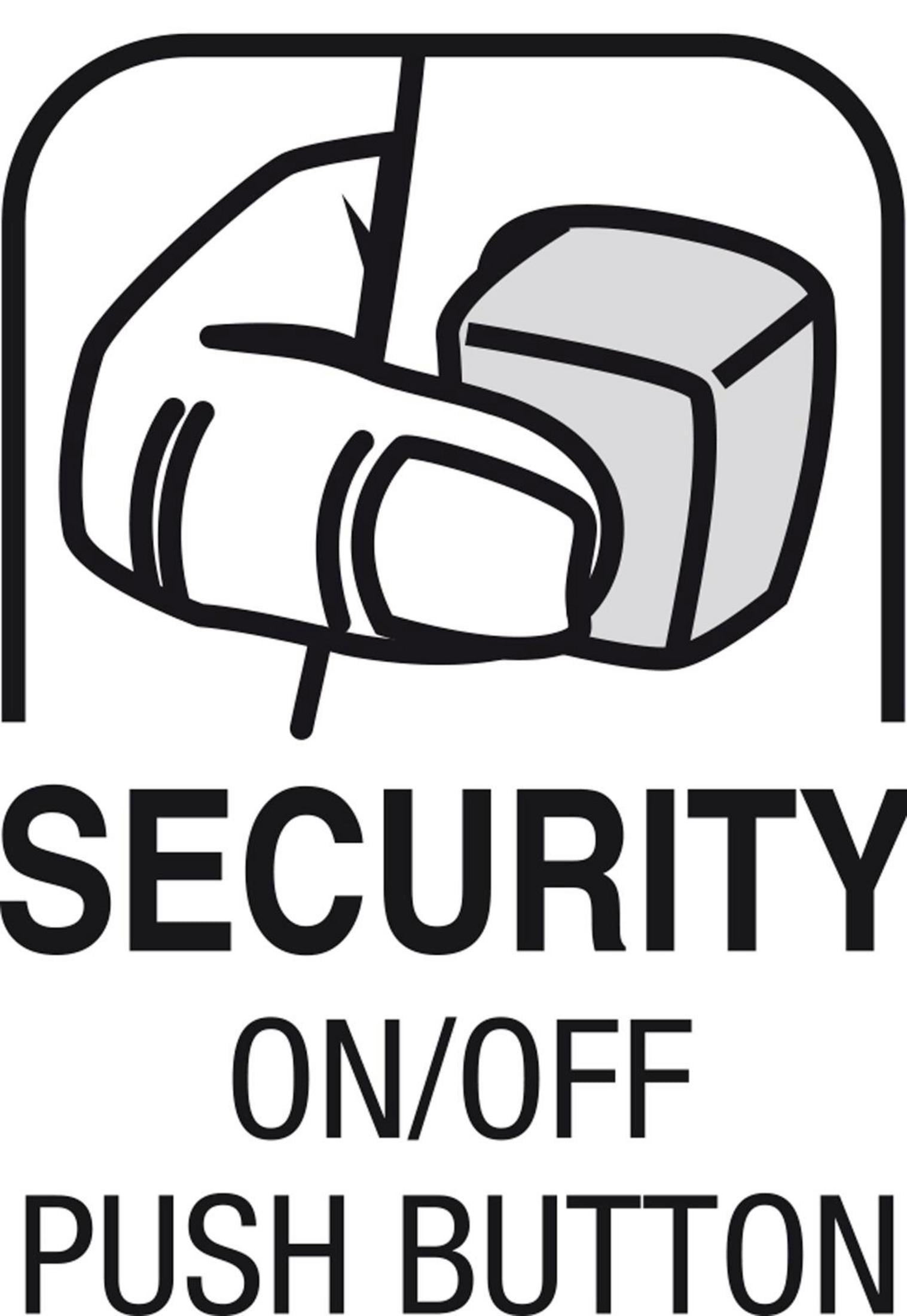 Symbol: Dłoń naciska szary sześcian. Tekst: SECURITY ON/OFF PUSH BUTTON.