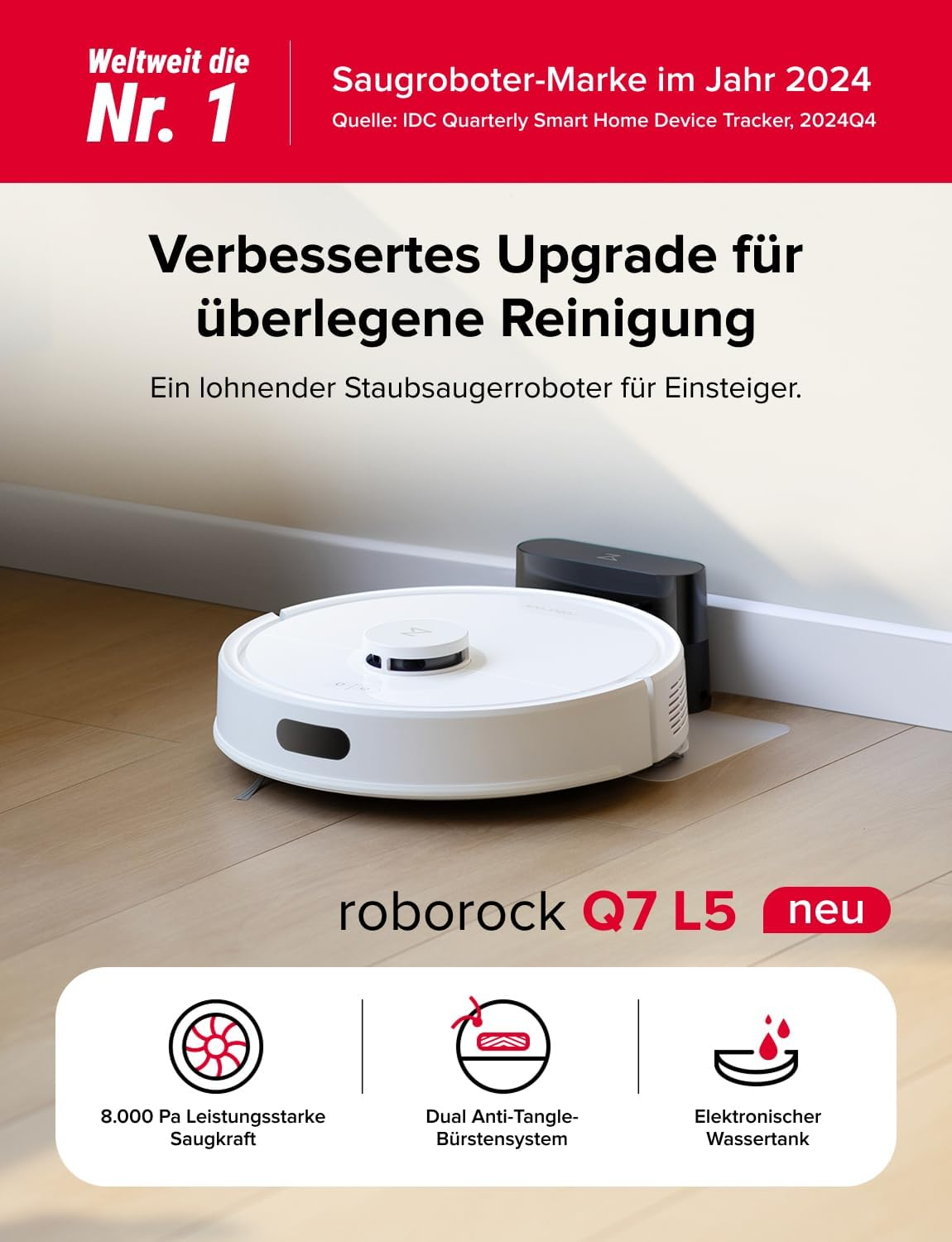 Ein weißer Saugroboter von Roborock Q7 L5 auf einem Holzboden.