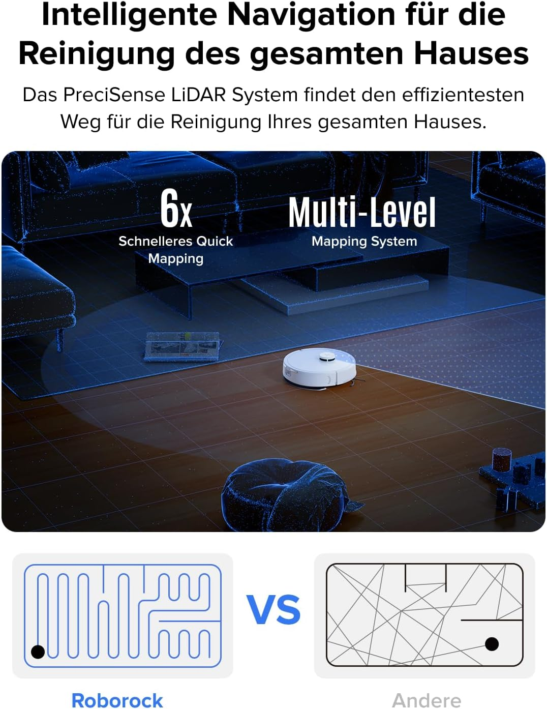 Ein Roboterstaubsauger mit LiDAR-Navigation in einem Haus und zwei Kartenansichten.