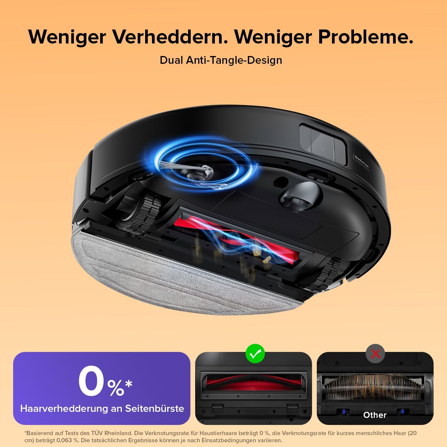 Ein Saugroboter mit Bürsten und einem 0% Haarverhedderungs-Diagramm.