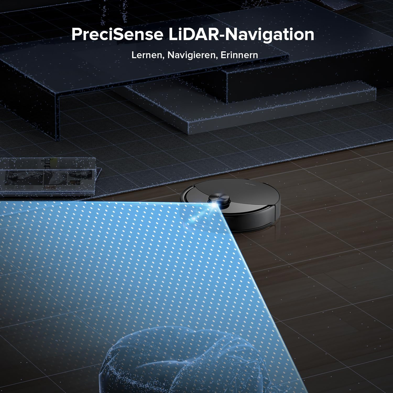Ein schwarzer Saugroboter navigiert mit LiDAR-Technologie auf einem Boden.