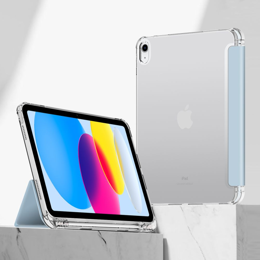 Zwei durchsichtige Hüllen für iPads mit blauen Akzenten auf Marmor.