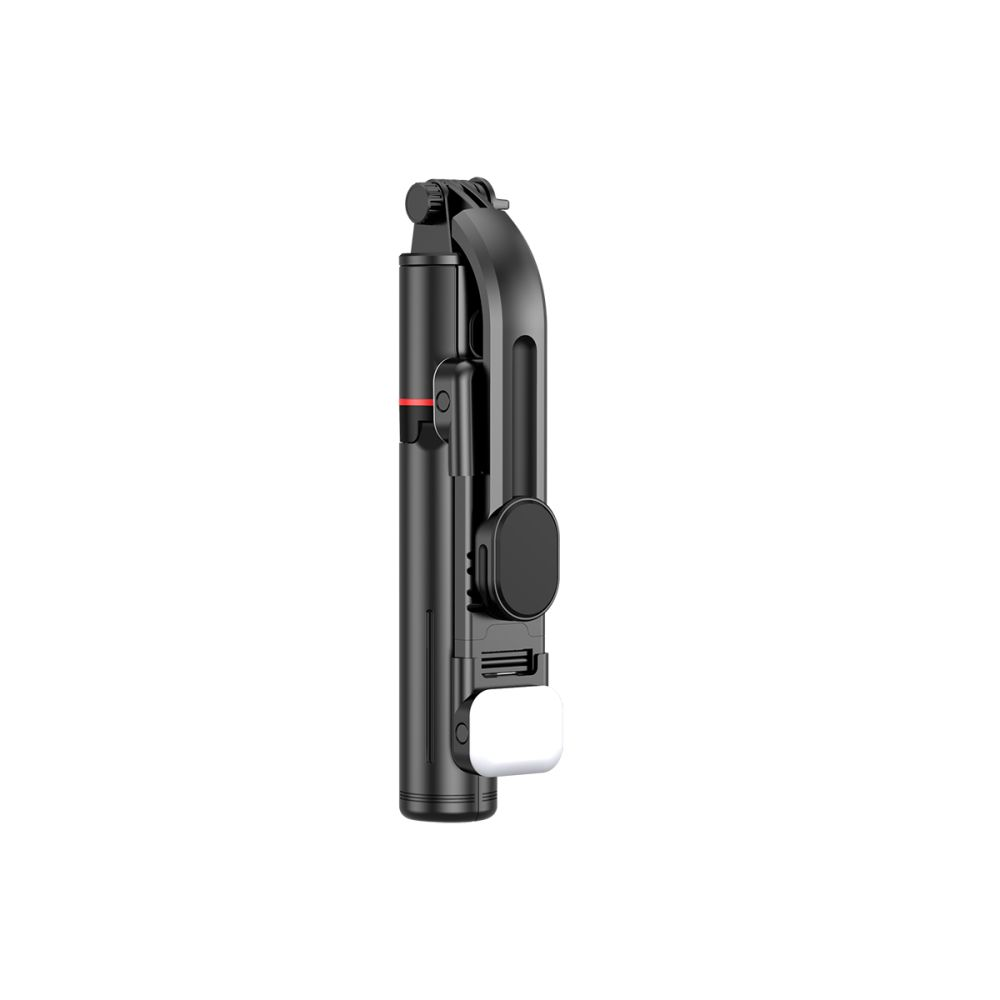 Schwarzer, kompakter Selfie-Stick mit integriertem Licht und Smartphone-Halterung.
