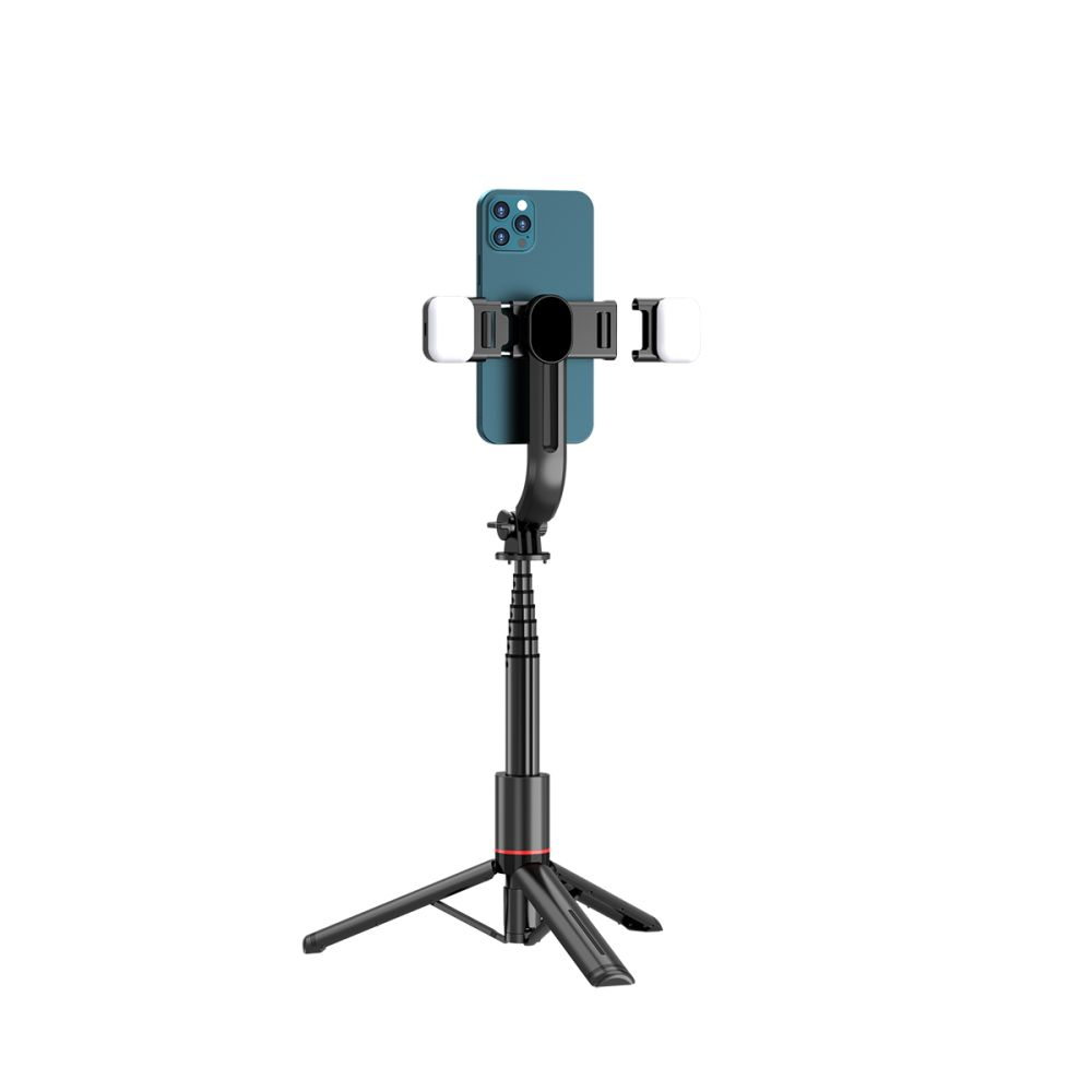 Ein schwarzer Selfie-Stick mit drei Beinen, einem Handyhalter und Lichtern.