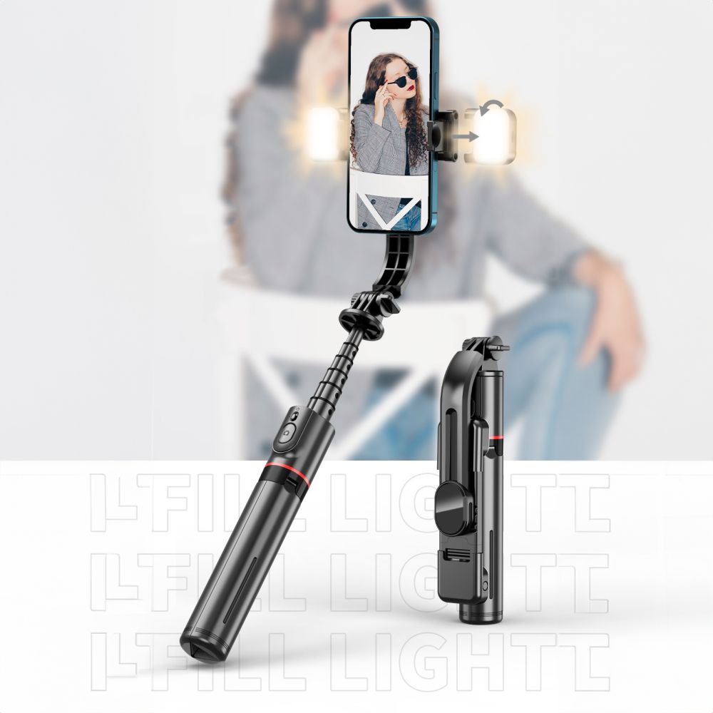 Ein ausziehbarer Selfie-Stick mit Smartphone-Halterung und Lichtern.
