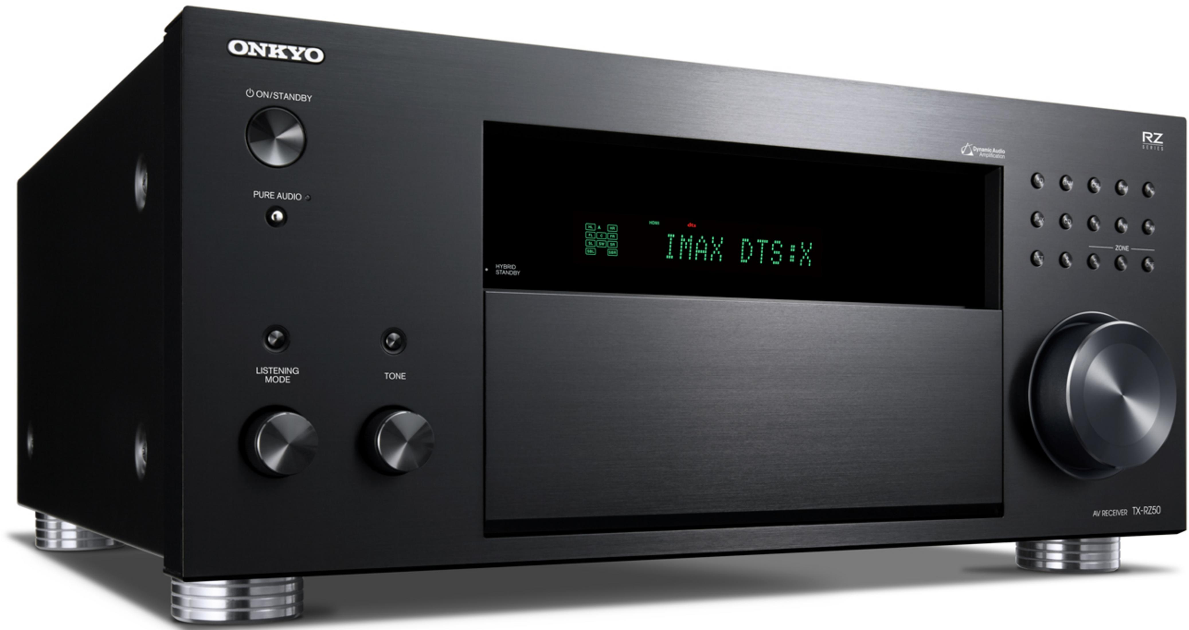 Schwarzer Onkyo AV-Receiver TX-RZ50 mit silbernen Knöpfen und Display.