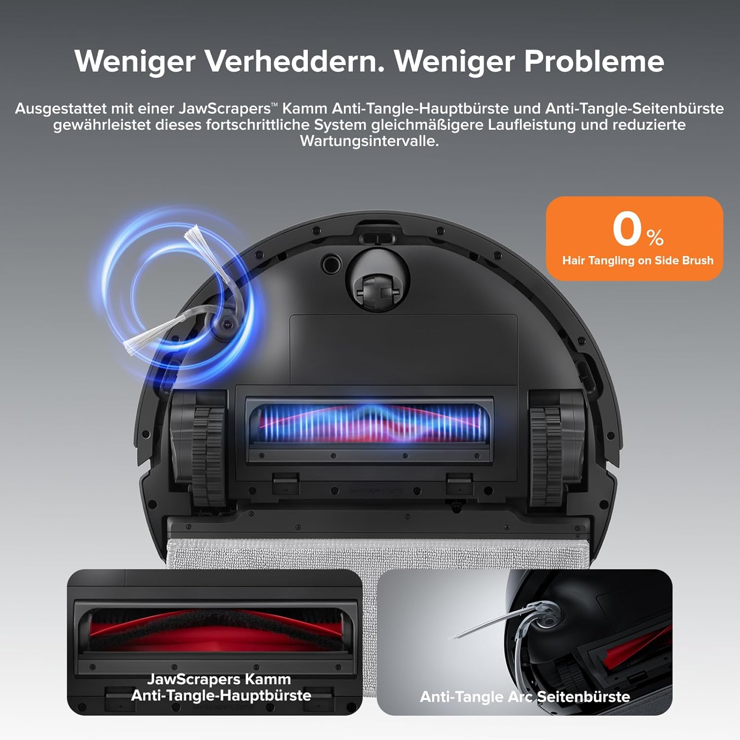 Roboterstaubsauger mit Anti-Tangle-Bürsten und 0% Haarverhedderung.