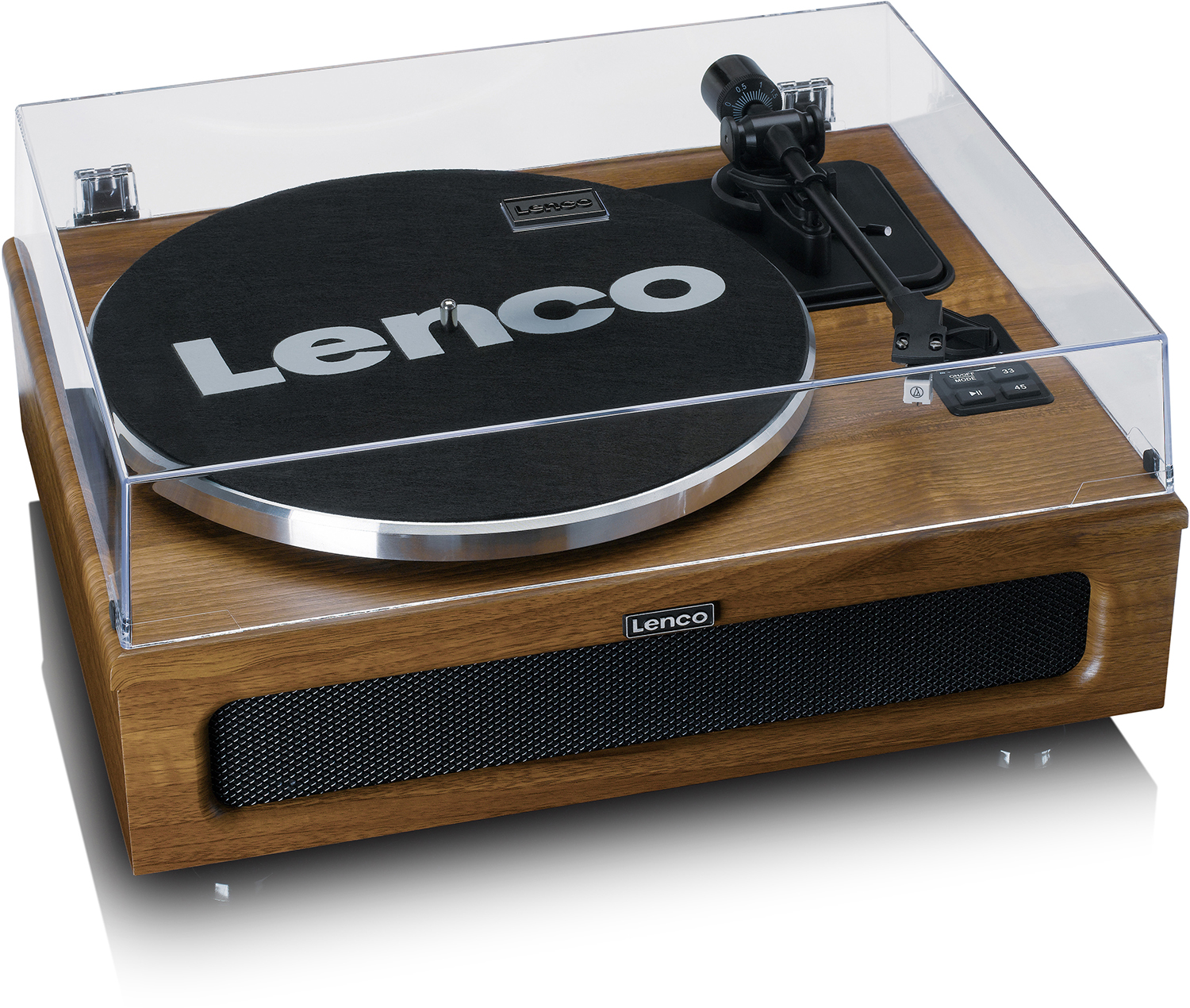 Un tocadiscos con base de madera, alfombrilla negra y tapa transparente.