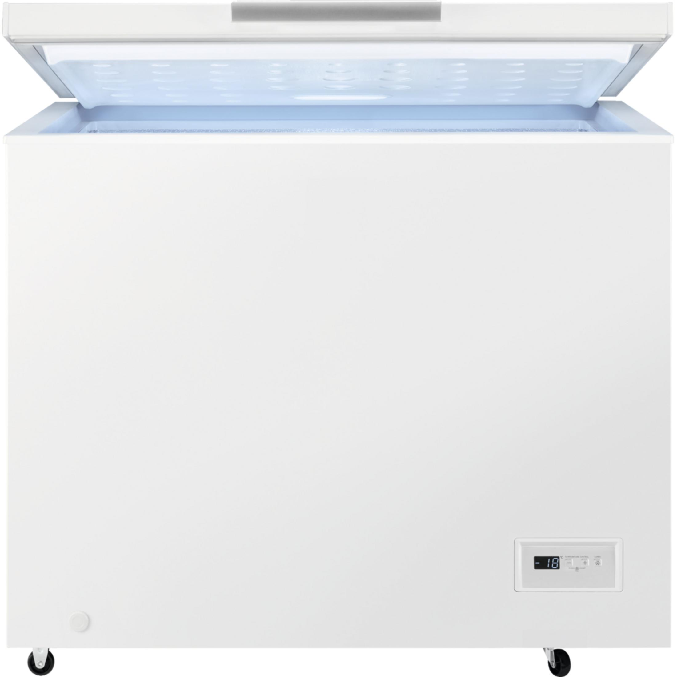 A white chest freezer with its lid open, revealing a blue illuminated interior.