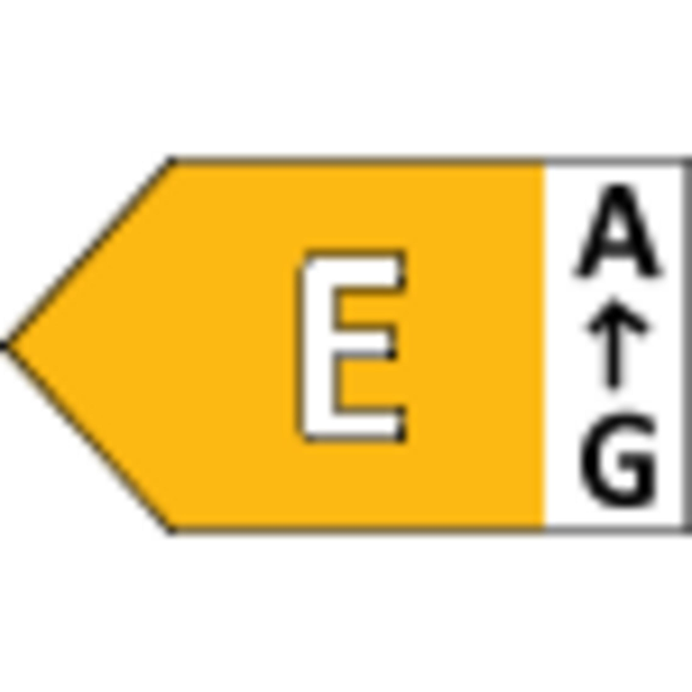 Energy efficiency label showing E and a scale from A to G.