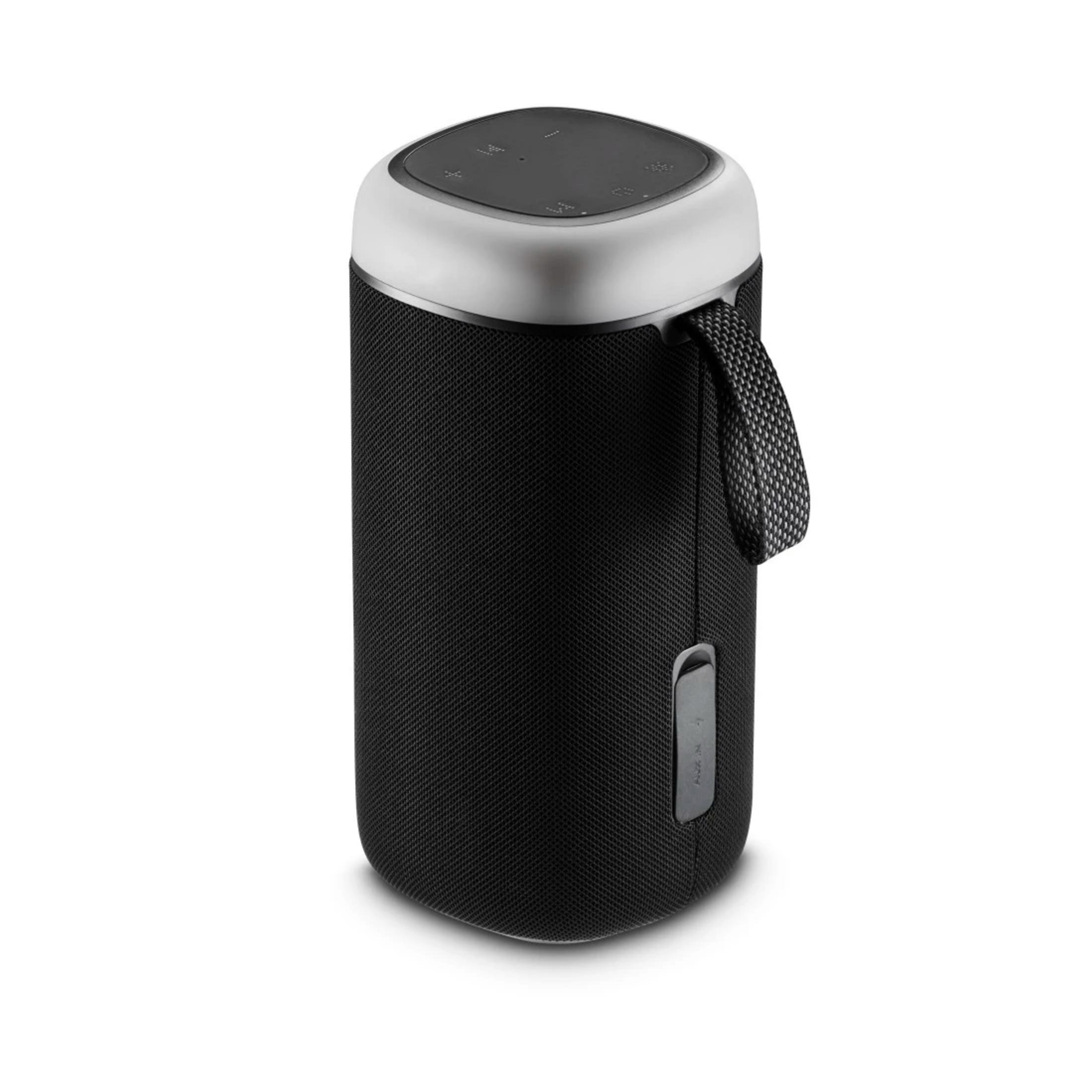 Czarny przenośny głośnik z białym wierzchem i uchwytem.