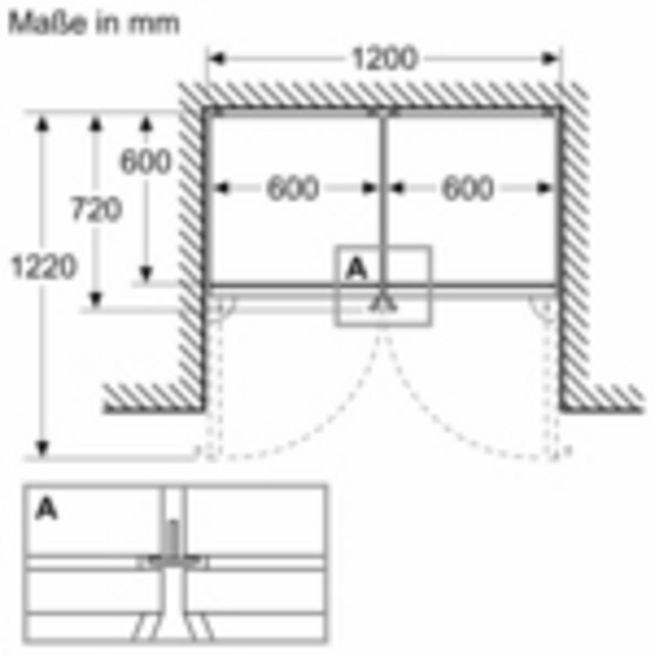 Technische Zeichnung mit Maßen in mm: Breite 1200, Höhe 1220, Tiefe 600/720.
