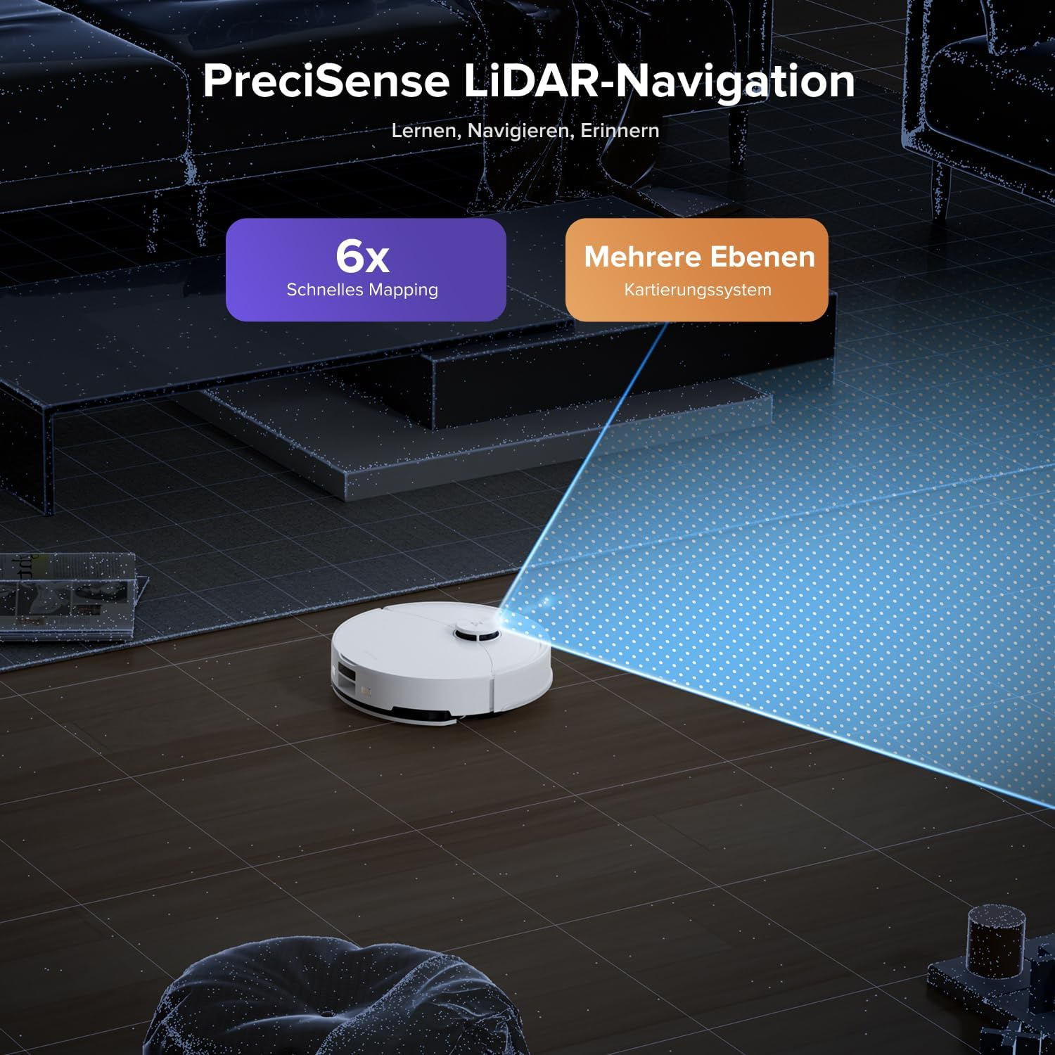Ein Saugroboter nutzt LiDAR-Navigation zur schnellen Kartierung von Räumen.