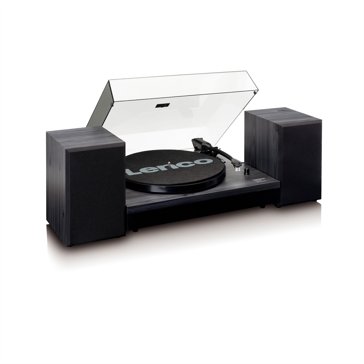 Gramofon z dwoma głośnikami i otwartą przezroczystą pokrywą.