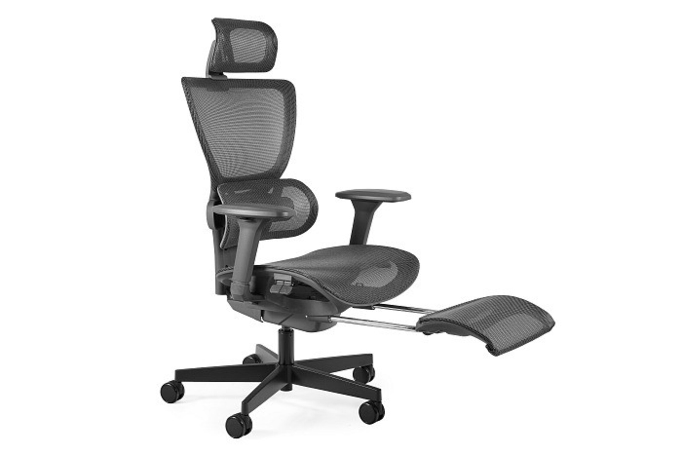 Czarny fotel biurowy z zagłówkiem, podłokietnikami i wysuwanym podnóżkiem.