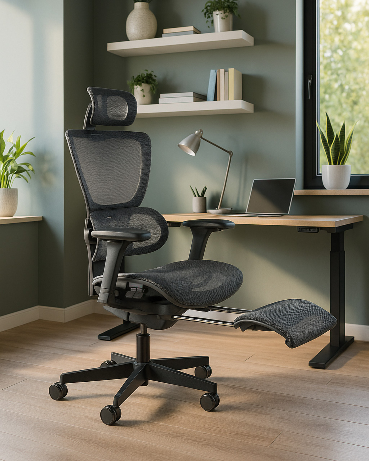 Czarny fotel biurowy z podnóżkiem stoi na drewnianej podłodze.