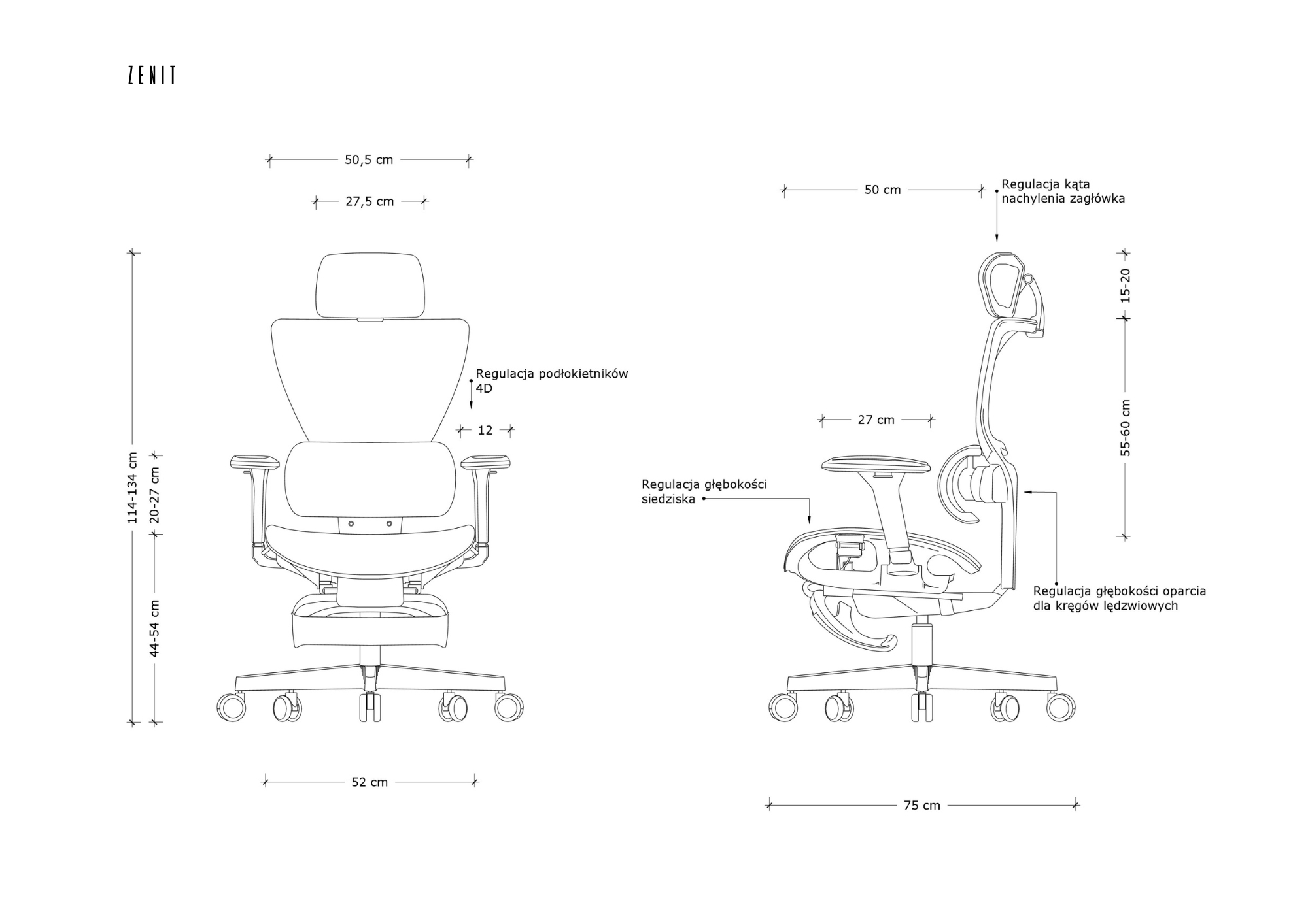 Rysunek techniczny krzesła biurowego z wymiarami i opcjami regulacji.