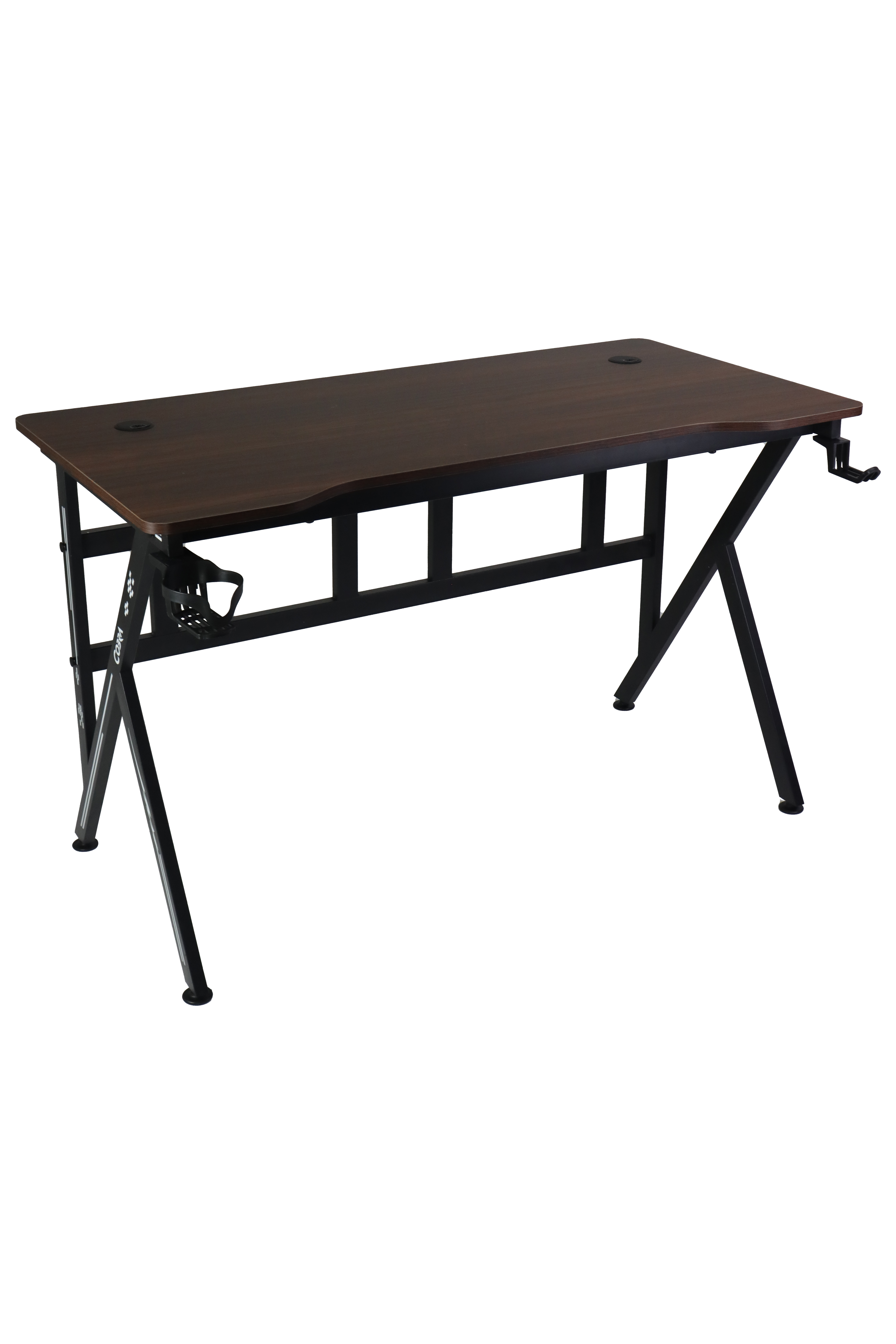 Ciemnobrązowe biurko z czarną metalową ramą.