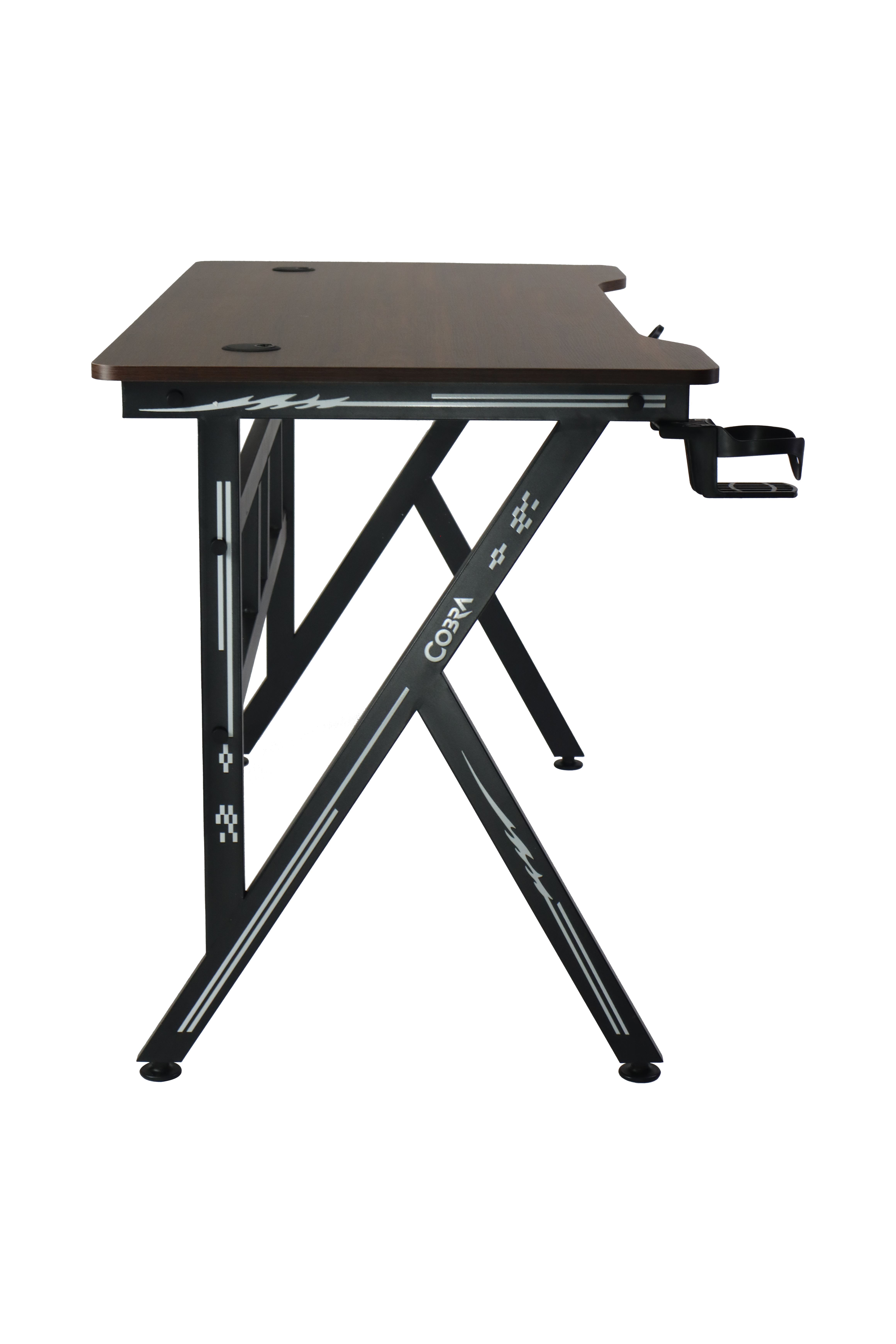 Ciemne biurko z czarnymi metalowymi nogami i uchwytem na kubek.