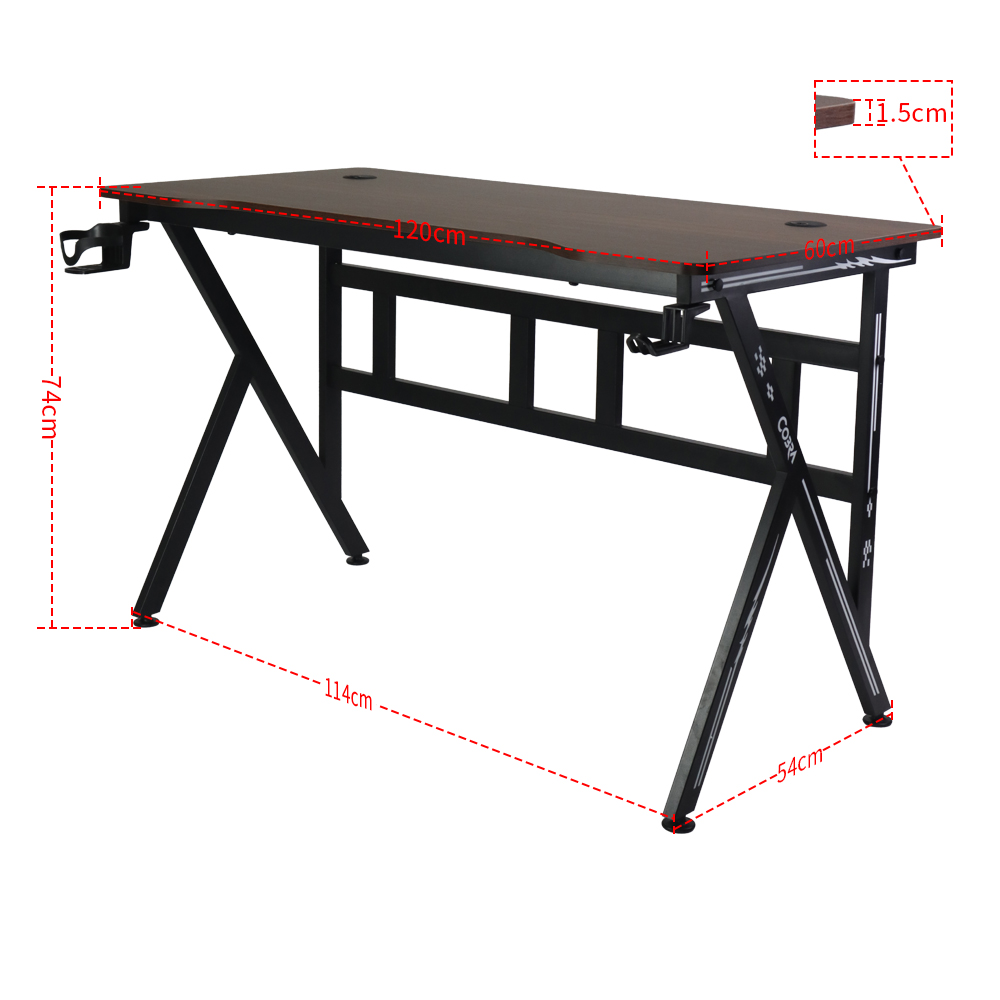 Ciemne biurko z czarnymi metalowymi nogami, pokazujące wymiary.