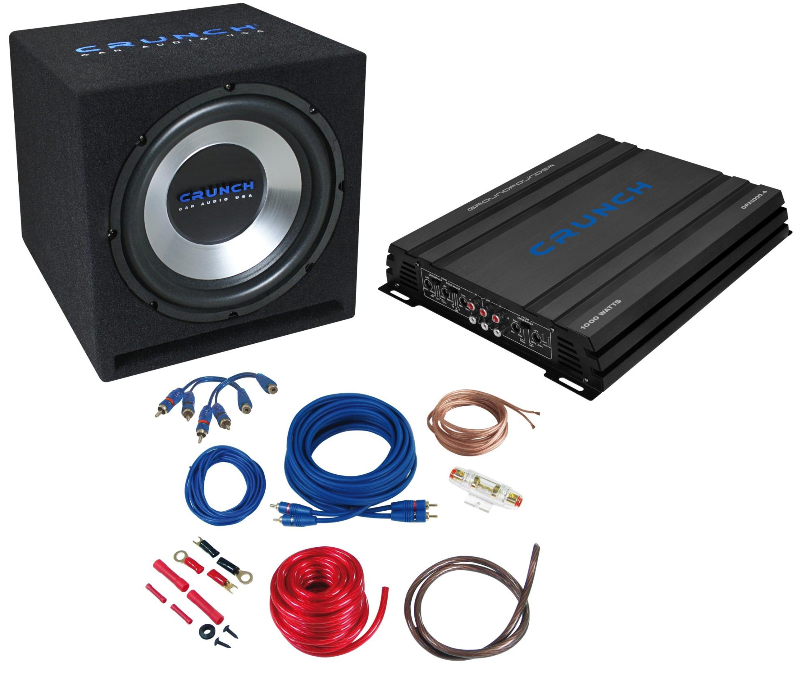 Ein Subwoofer, Verstärker und Kabelset für Auto-Audio.