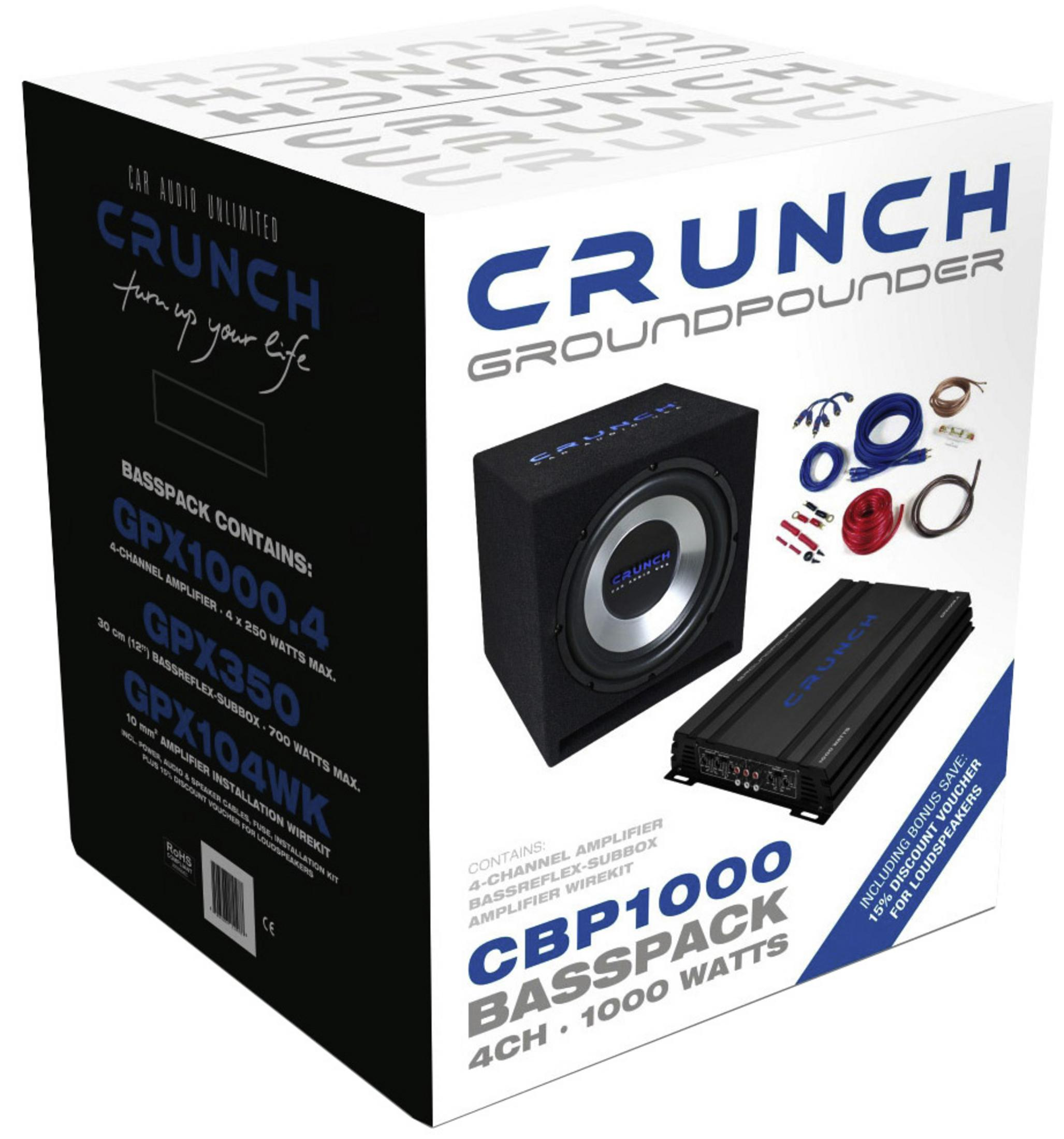 Crunch-Basspack mit Subwoofer, Verstärker und Kabeln.