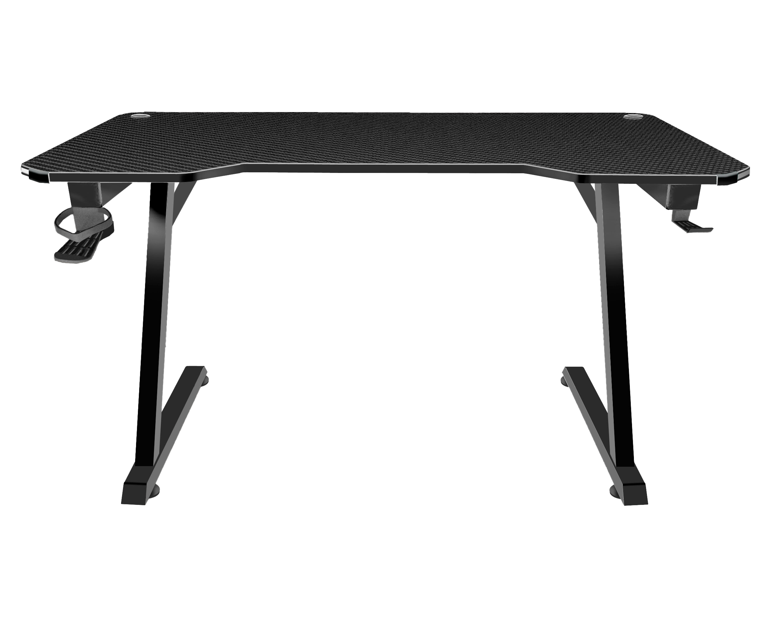 Czarny biurko z powierzchnią wzorzystą jak karbon i haczykami.