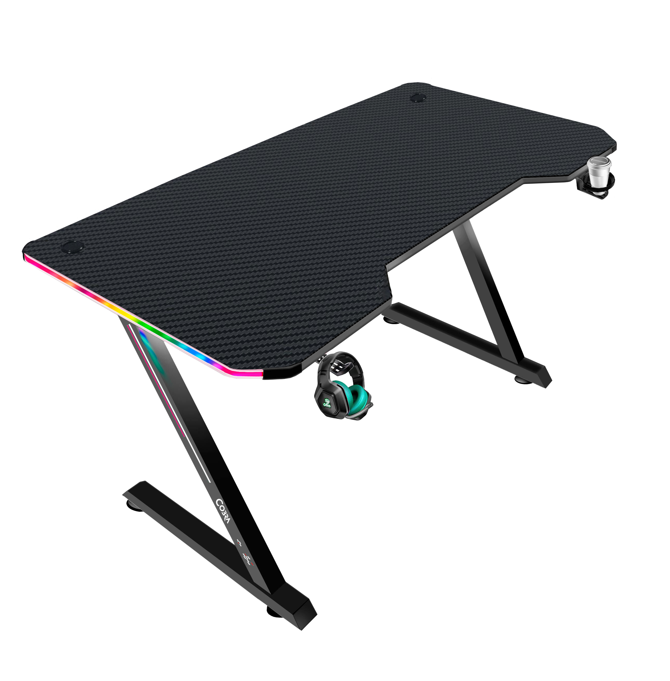 Czarny biurko gamingowe z nogami w kształcie litery Z i oświetleniem RGB.
