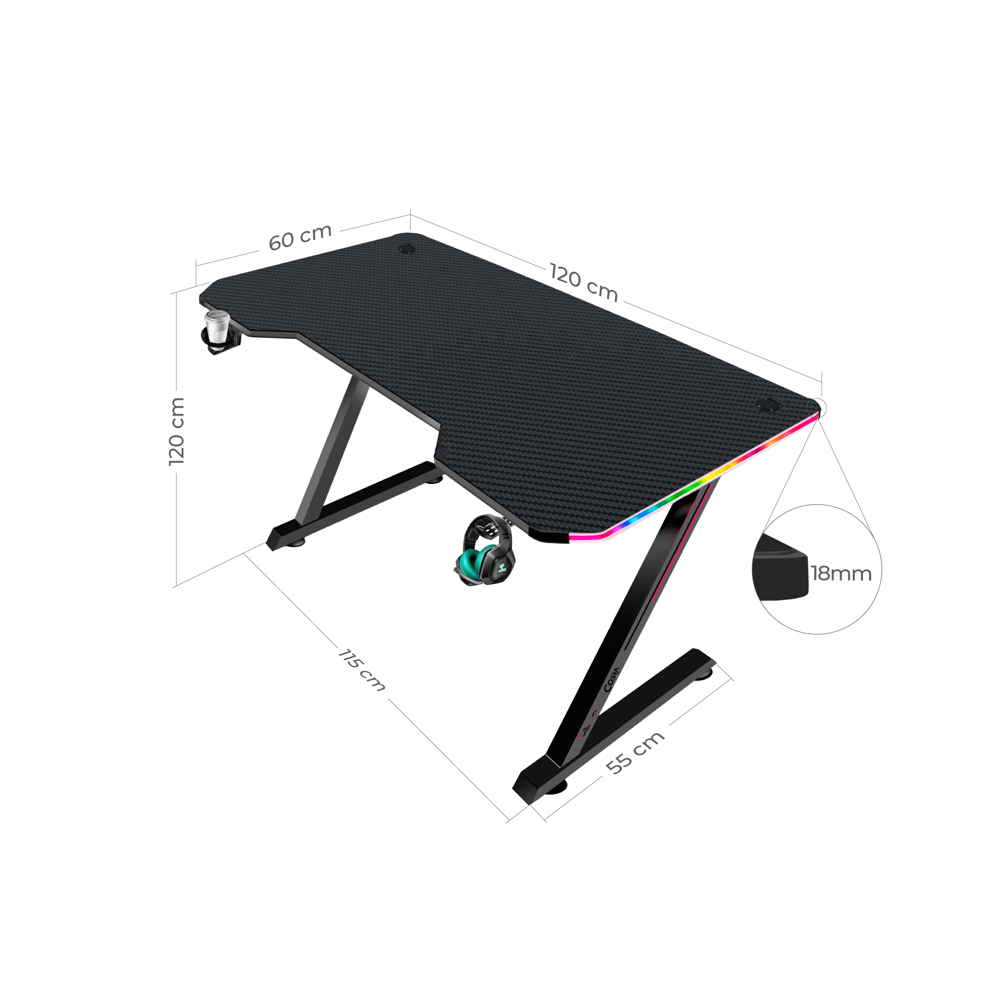 Czarny biurko gamingowe z nogami w kształcie litery Z, haczykiem na słuchawki i oświetleniem RGB.