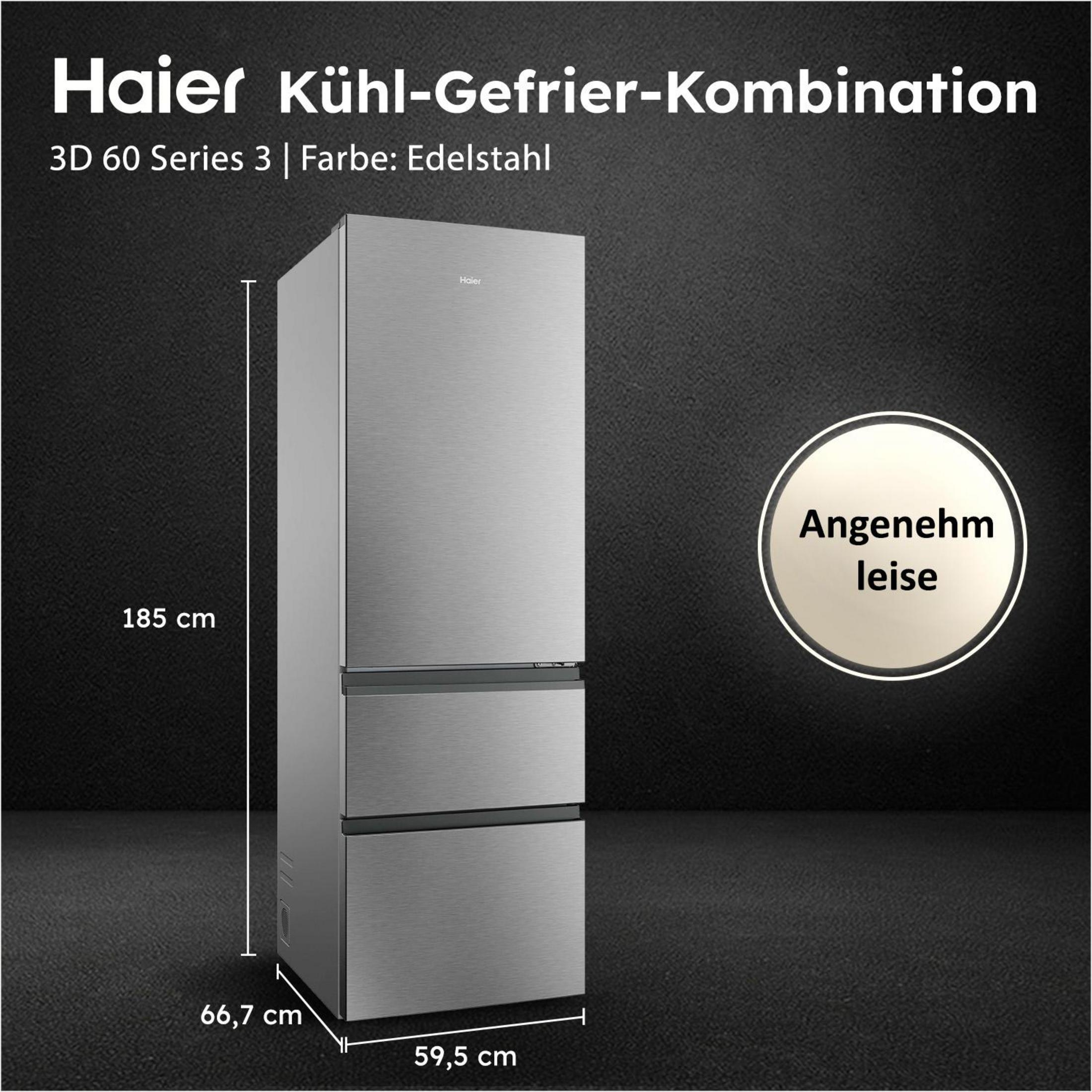 Srebrna lodówka-zamrażarka Haier z wymiarami.