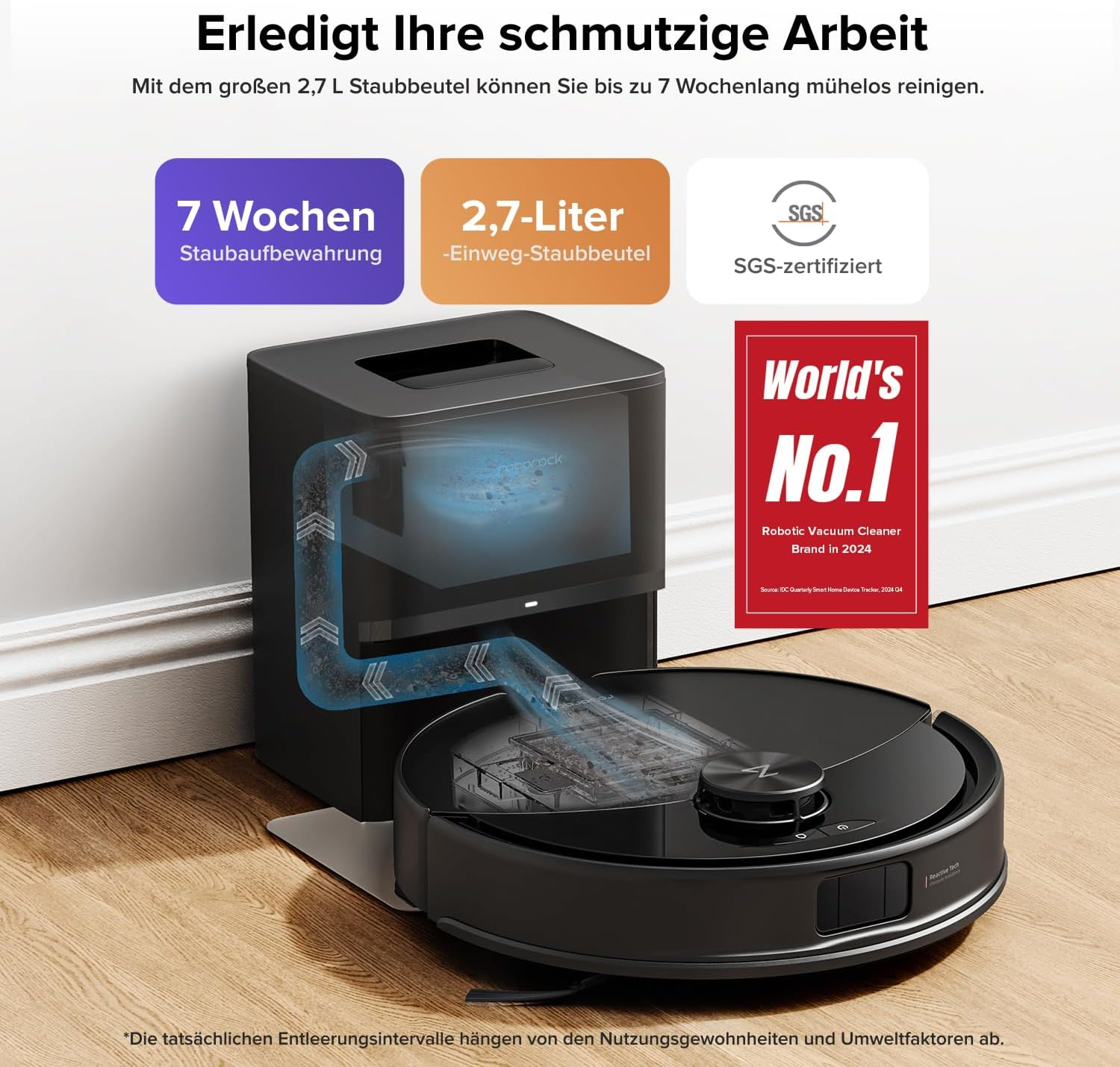Roboterstaubsauger mit Ladestation. 7 Wochen Staubaufbewahrung. SGS zertifiziert.