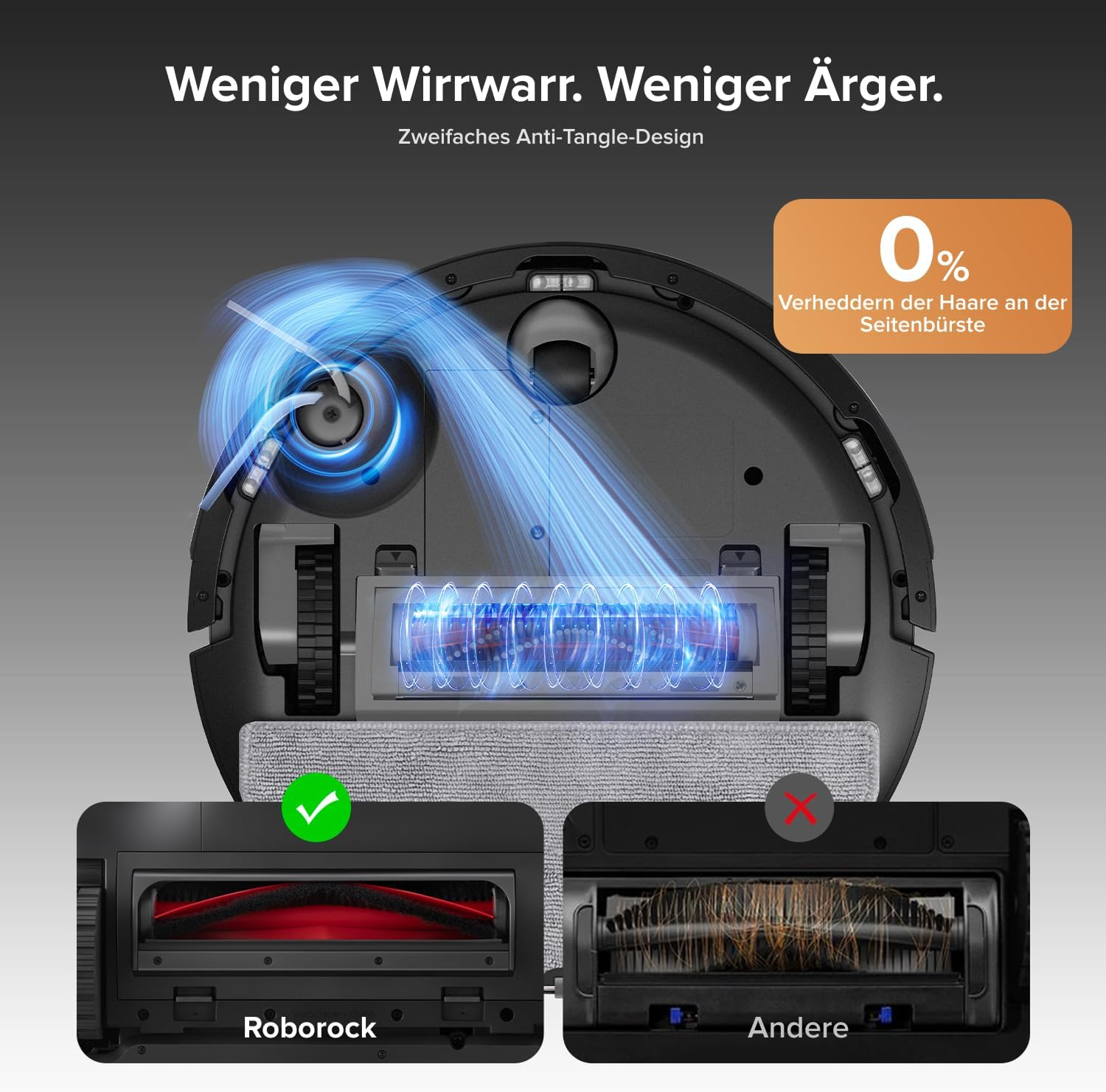 Roboter-Staubsauger: Bürste mit weniger Haarverhedderung. Vergleich mit & ohne.