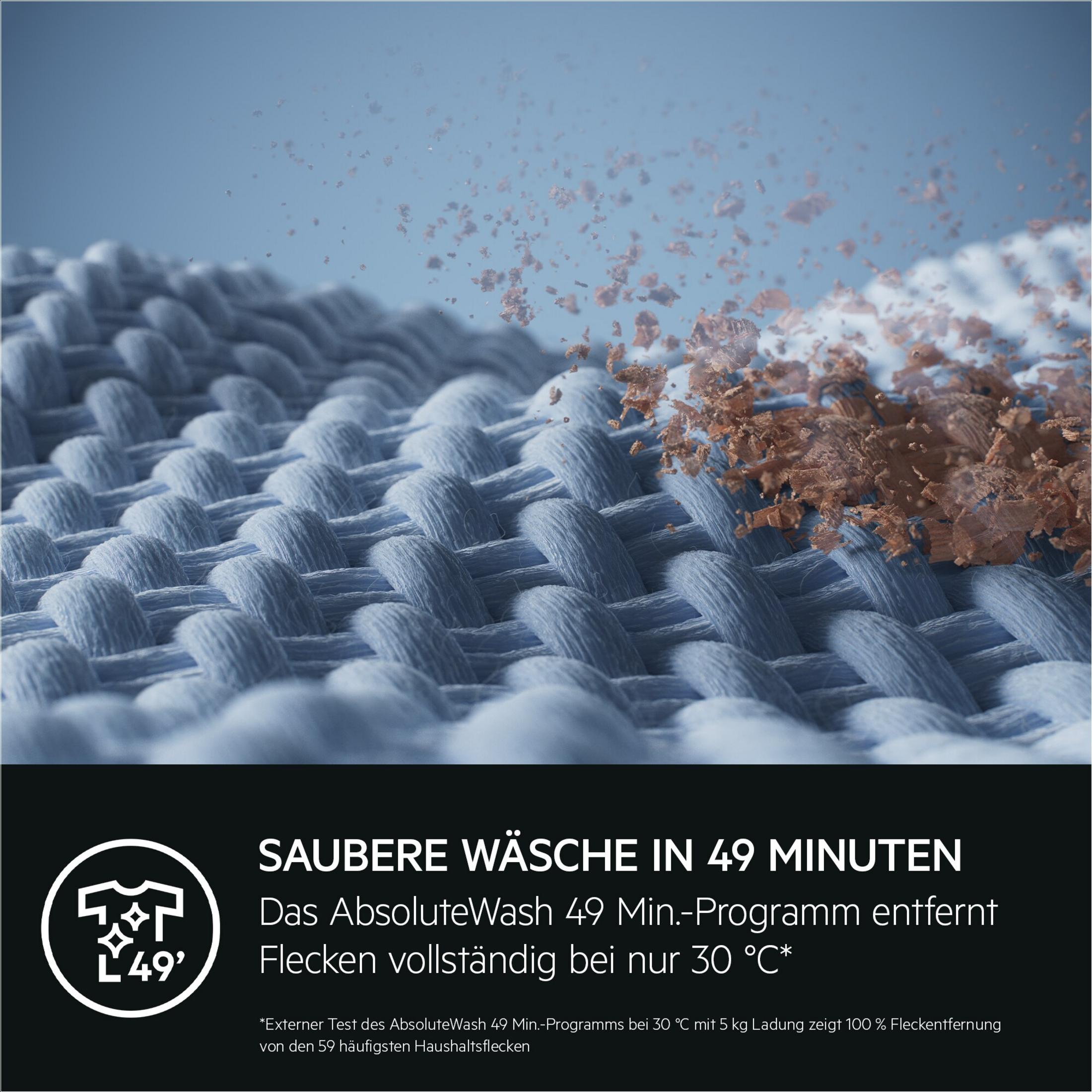 Nahaufnahme von blauem Stoff mit braunen Fleckenpartikeln, die in die Fasern fliegen.