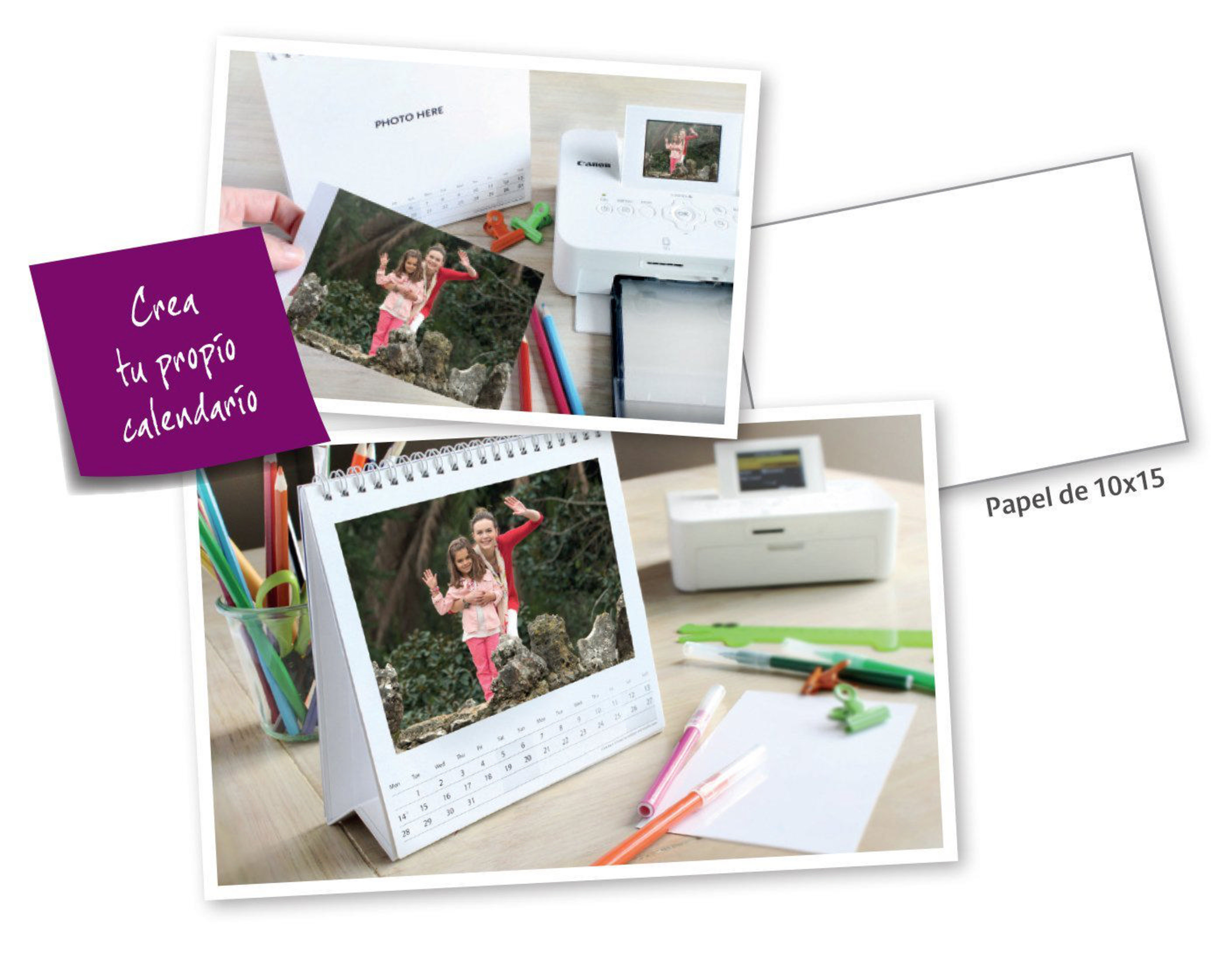 Stampante, calendario, foto e matite colorate su tavolo.