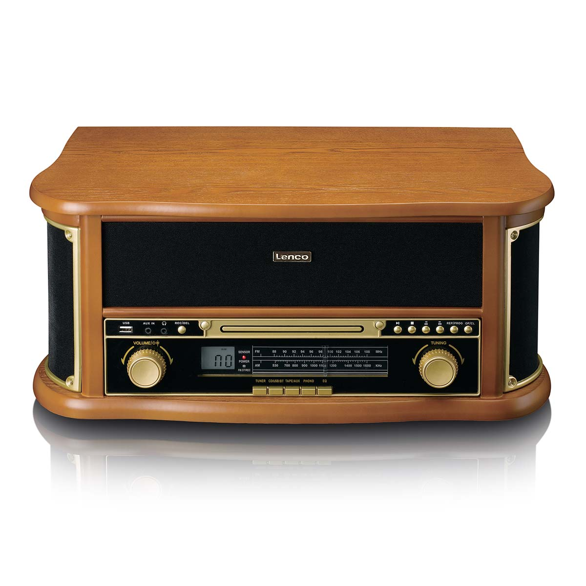 Een houten platenspeler met radio, cd-speler en luidsprekers.