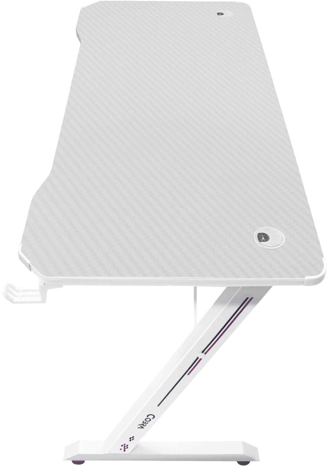 Białe biurko z blatem imitującym włókno węglowe i nogą w kształcie litery Z.