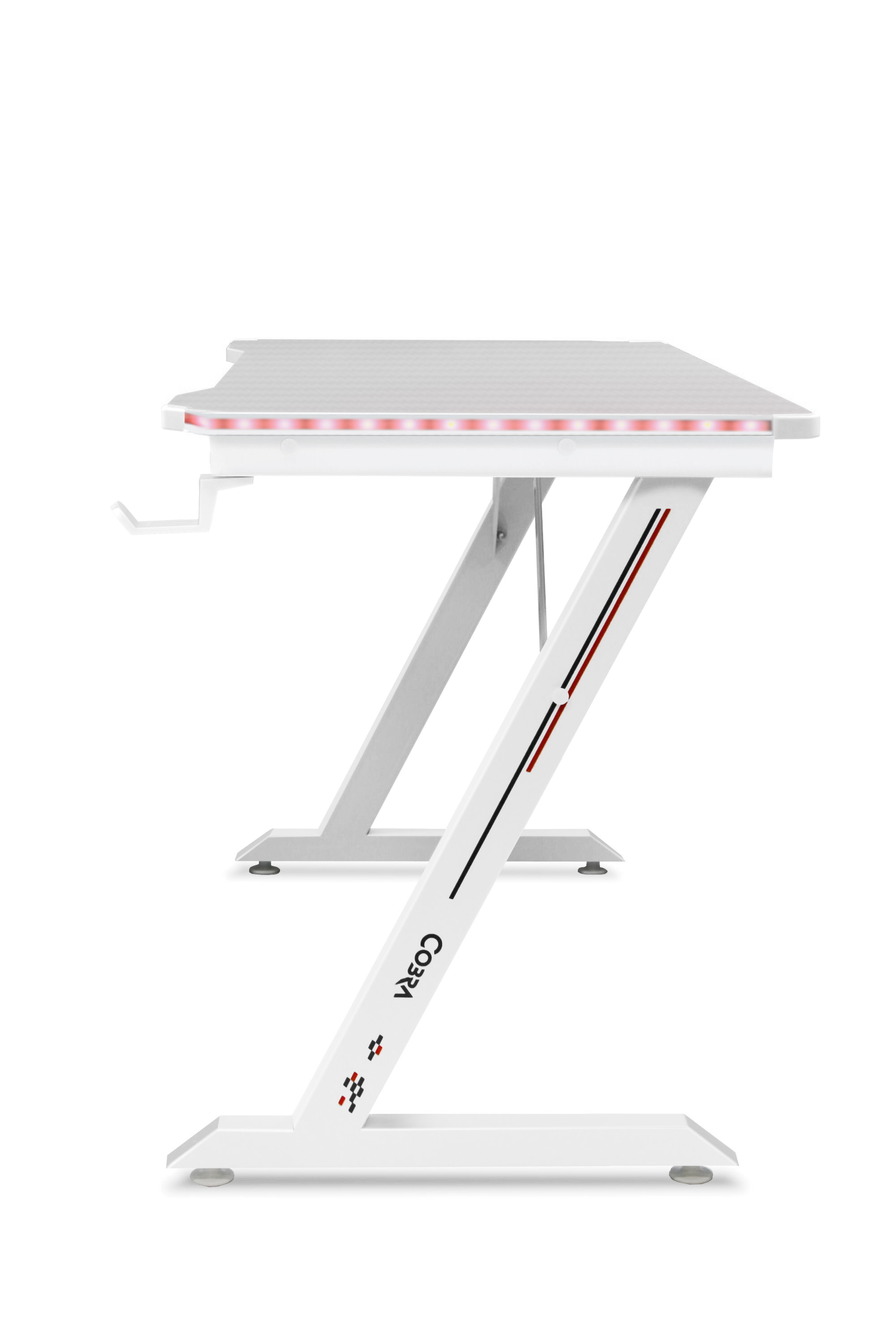 Białe biurko z czerwonymi akcentami LED i haczykiem.