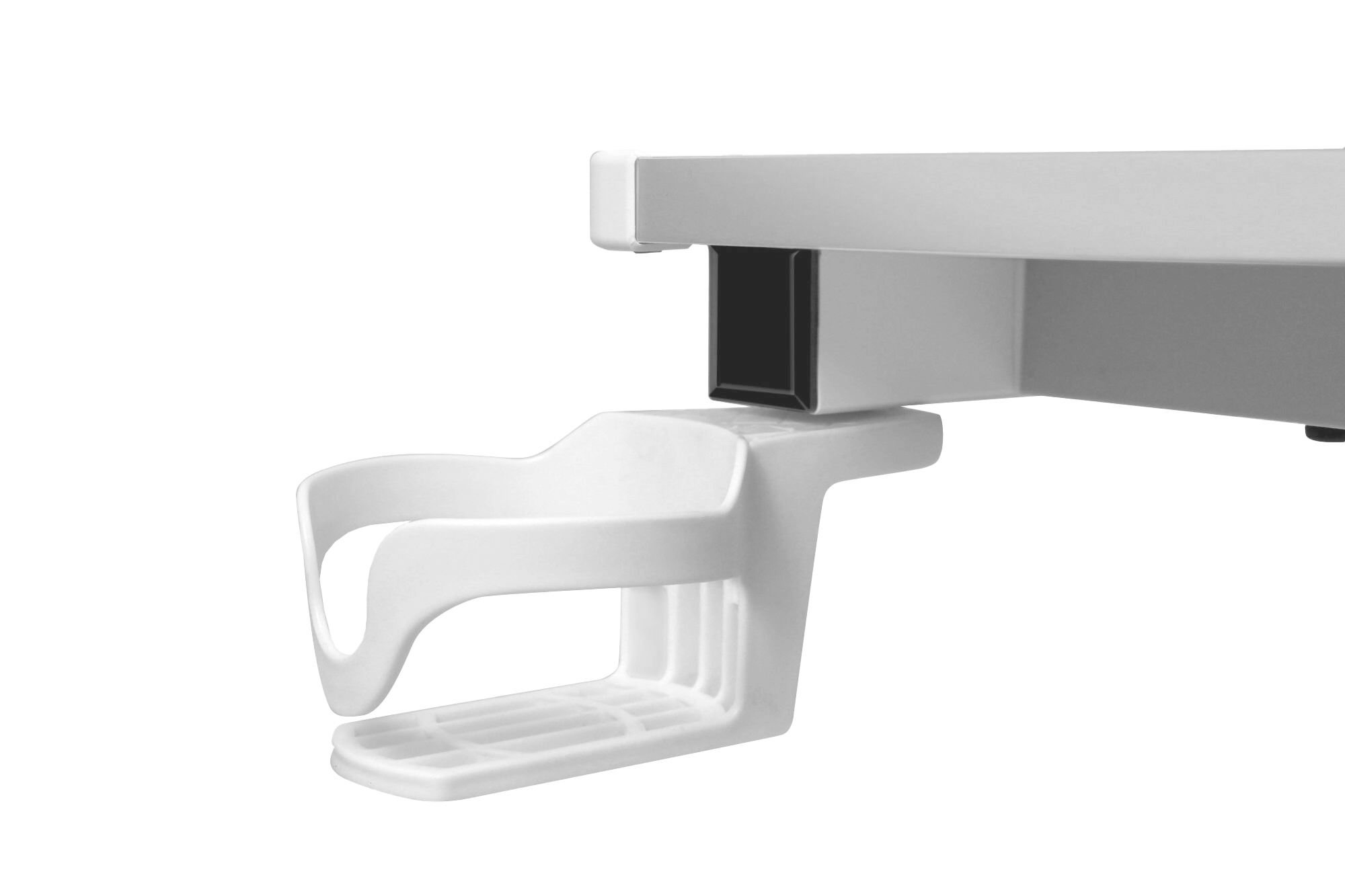 Biały plastikowy uchwyt na kubek przymocowany do srebrnej metalowej belki.