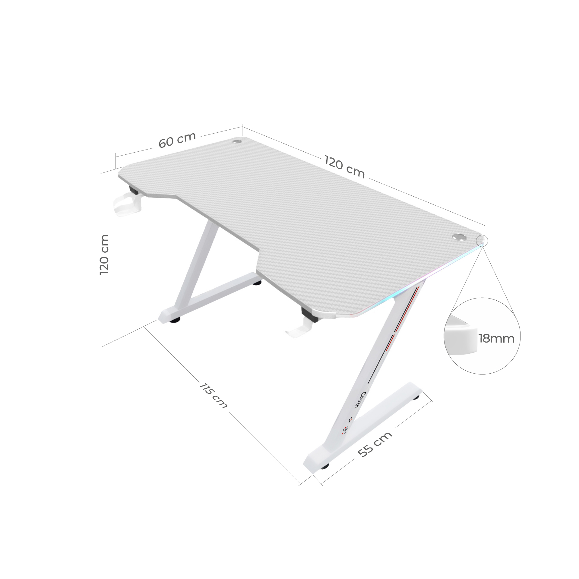 Białe biurko z nogami w kształcie litery Z i pokazanymi wymiarami.