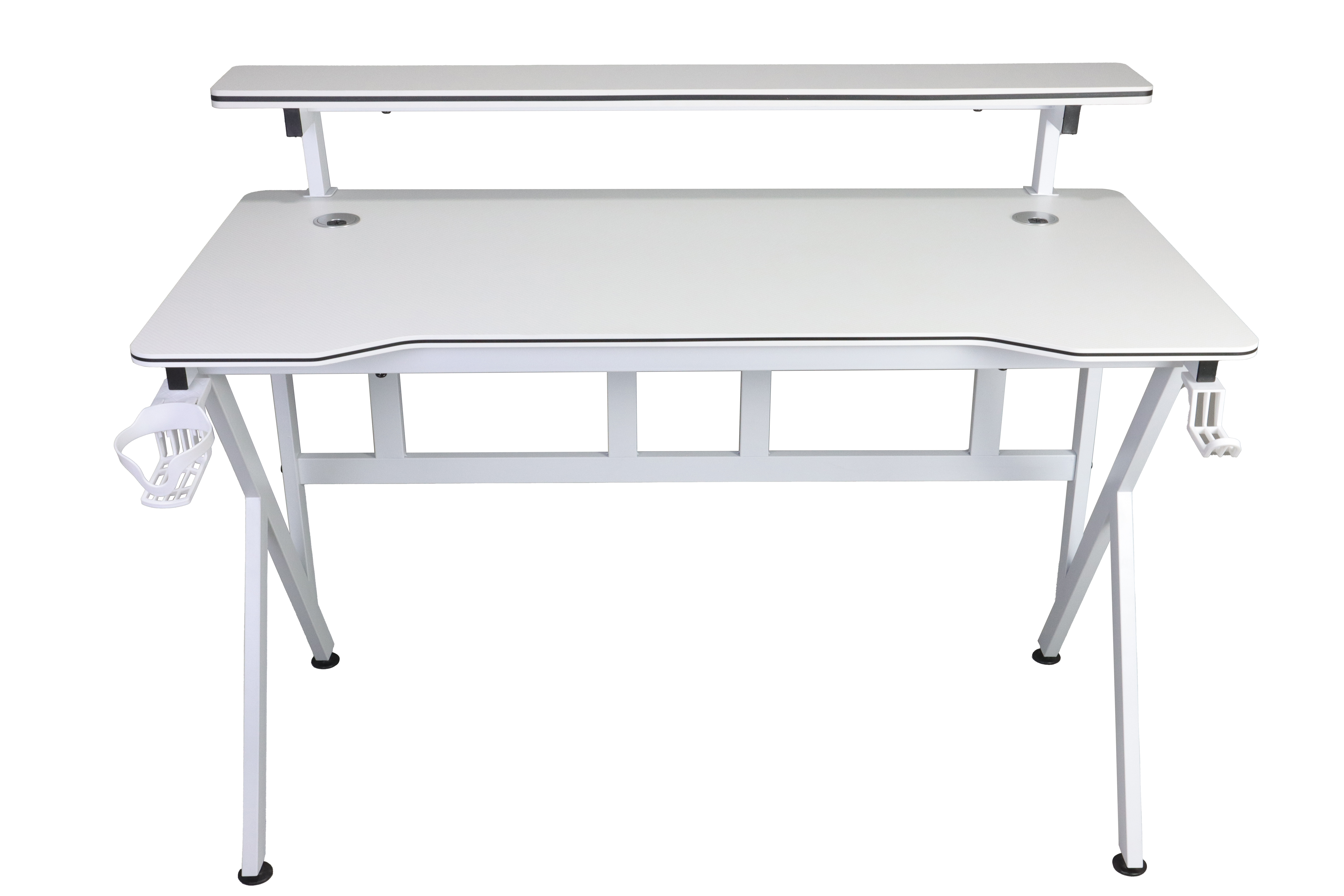 Białe biurko z podwyższoną półką i uchwytem na kubek.