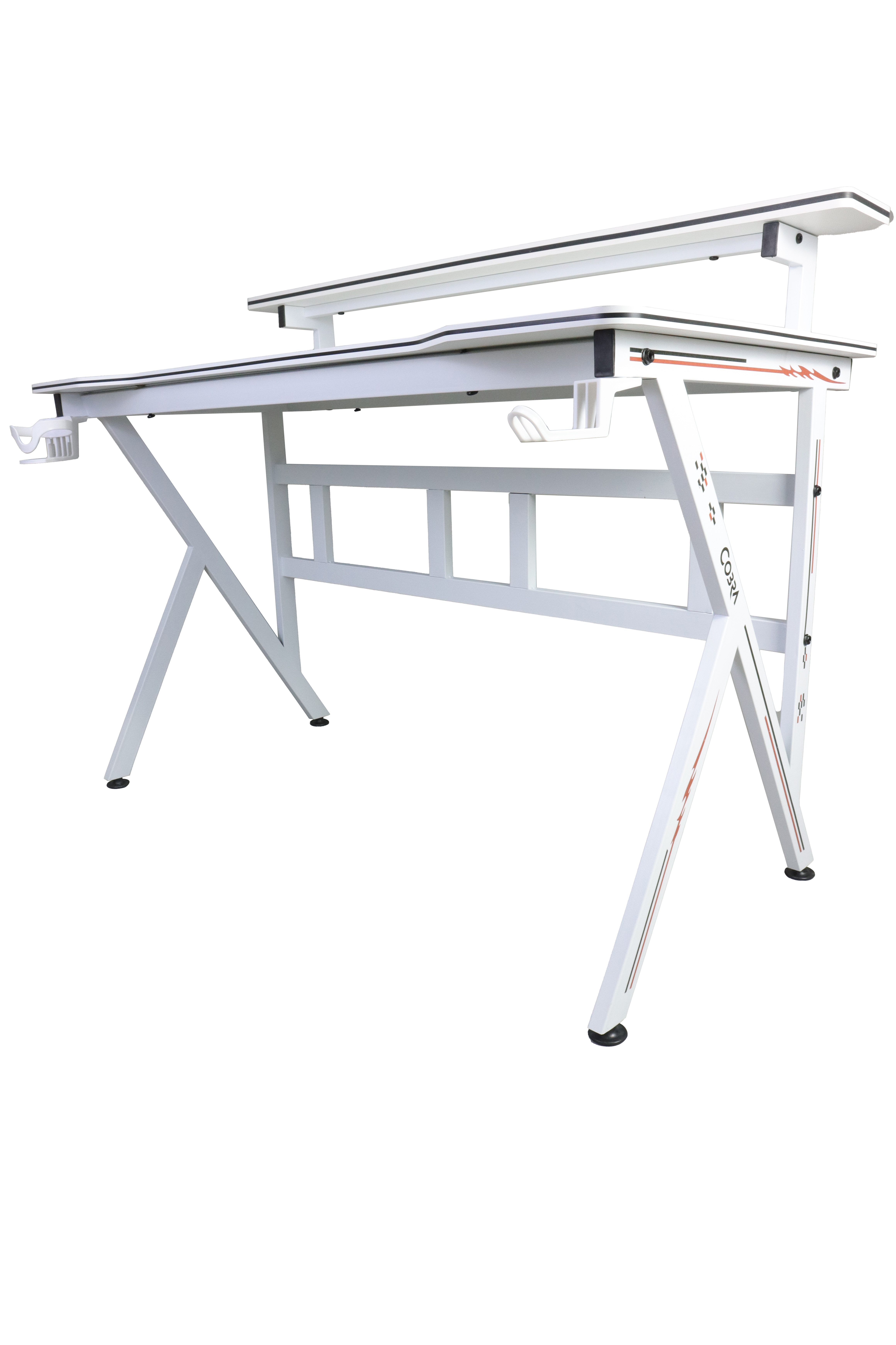 Białe biurko z czarnym wykończeniem i górną półką. Ma nogi w kształcie litery X.