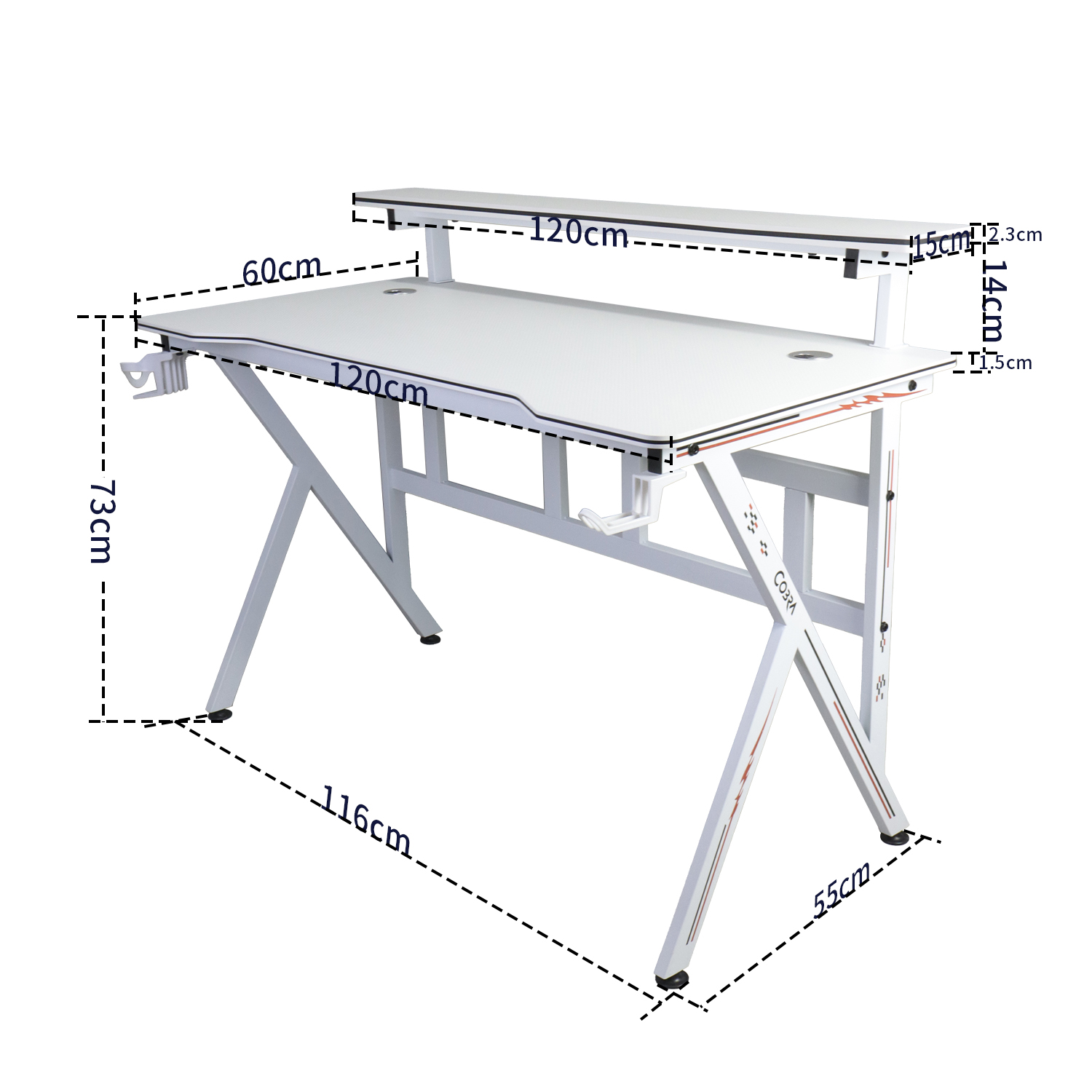 Białe biurko z wymiarami i górną półką.