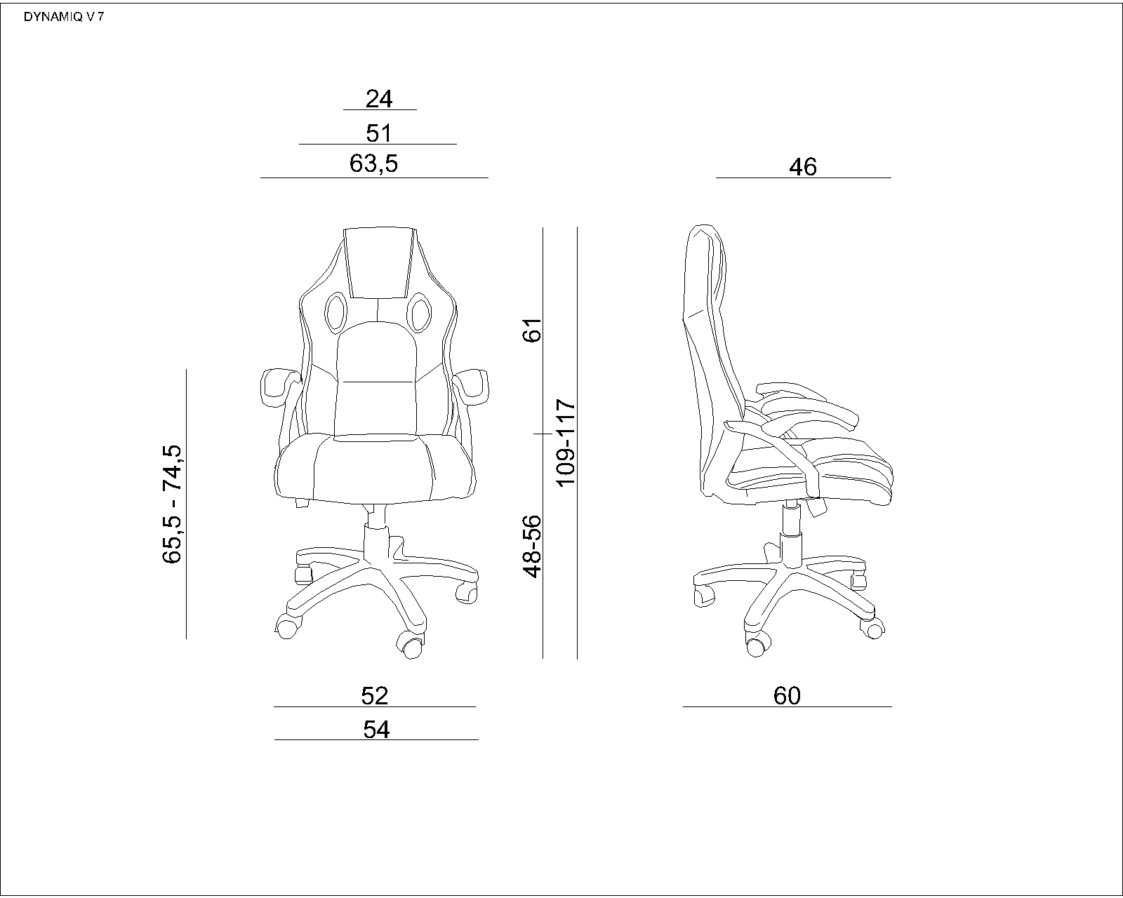 Rysunek techniczny krzesła biurowego z wymiarami.