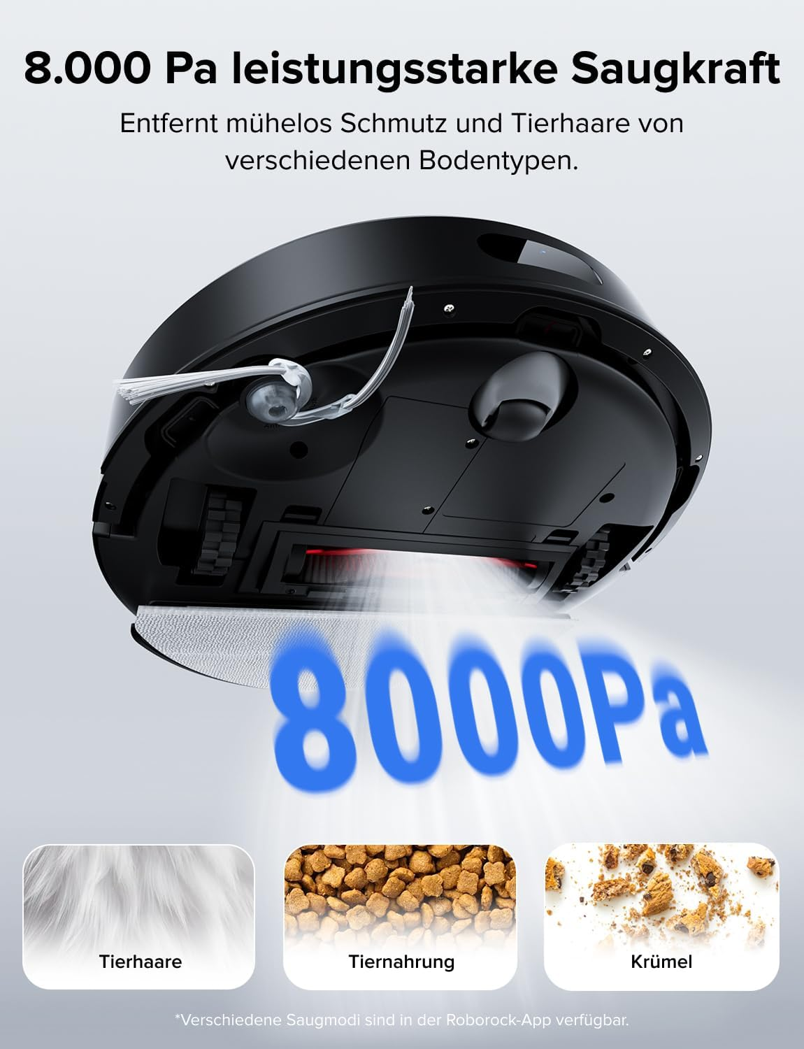 Roboterstaubsauger mit 8000Pa Saugkraft saugt Tierhaare, Futter und Krümel.