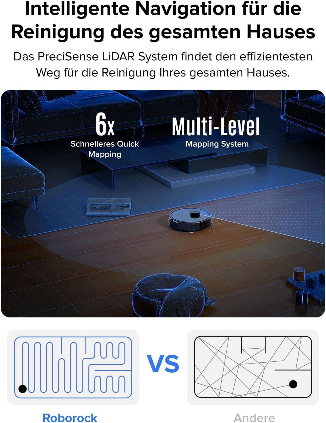 Ein Roboter saugt ein Haus mit LiDAR-Navigation. Links detaillierte Karte, rechts chaotisch.