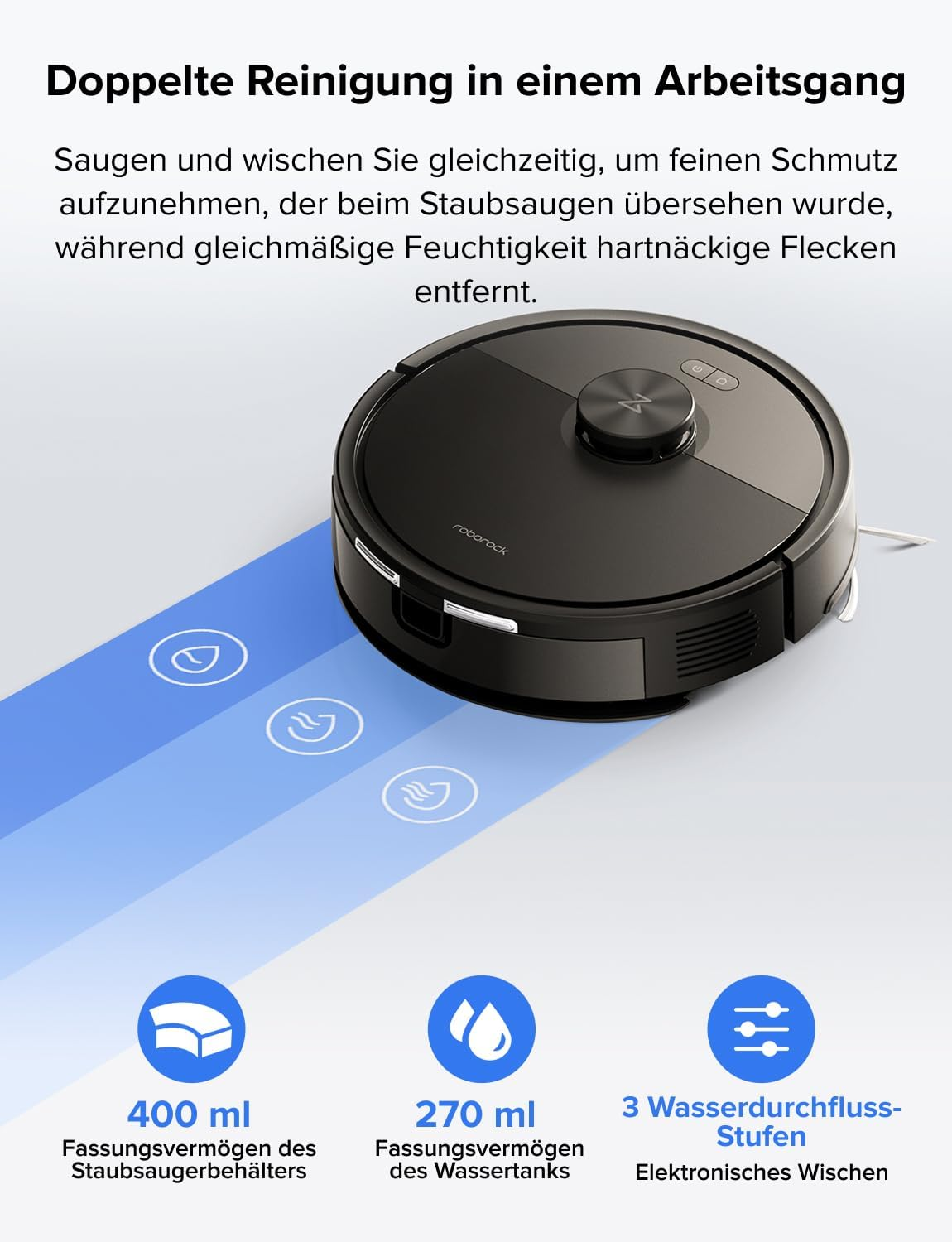 Schwarzer Saugroboter saugt und wischt, mit Icons für 400ml Staubbehälter, 270ml Wassertank, 3 Stufen.