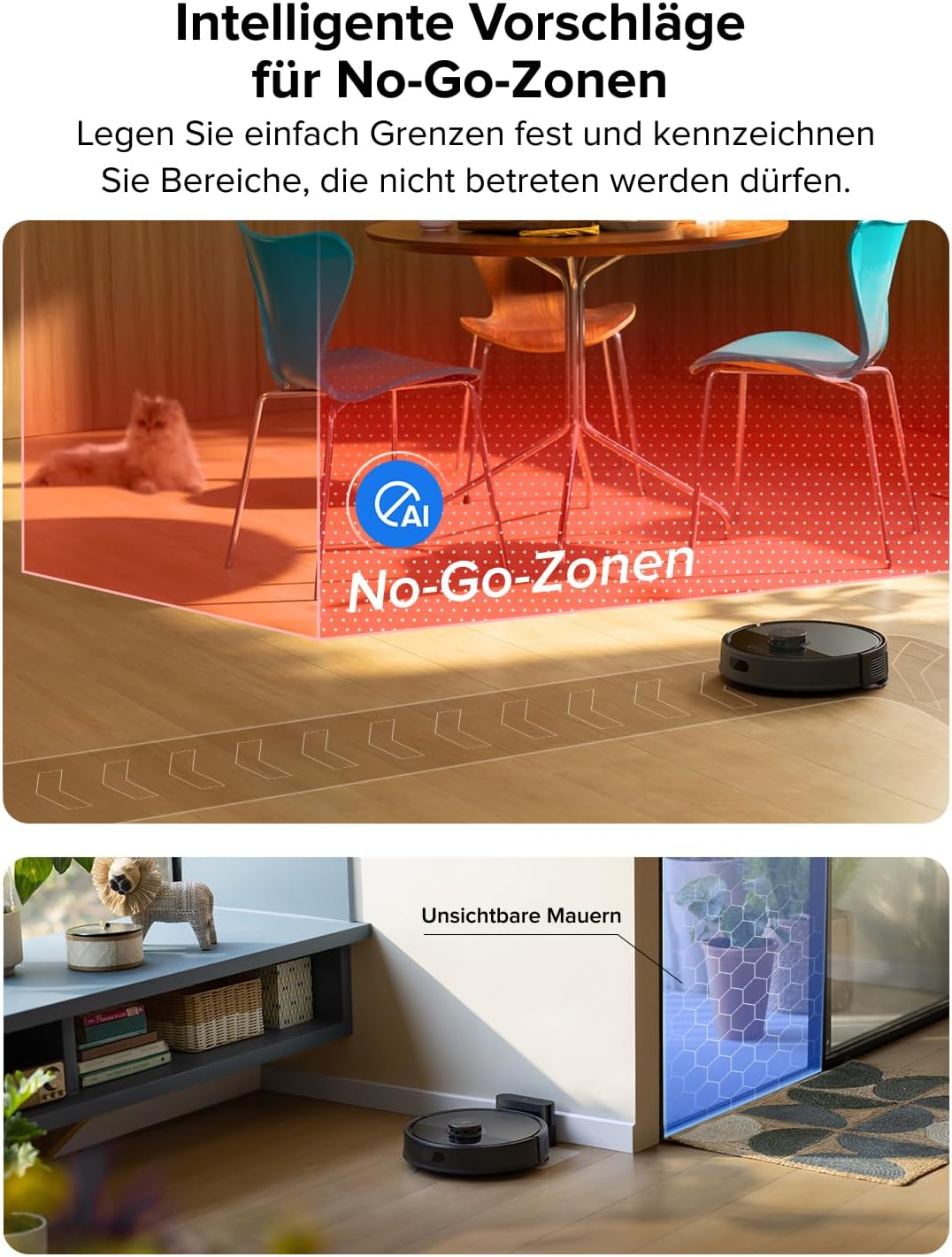 Ein Saugroboter umfährt eine rote No-Go-Zone, in der eine Katze liegt.