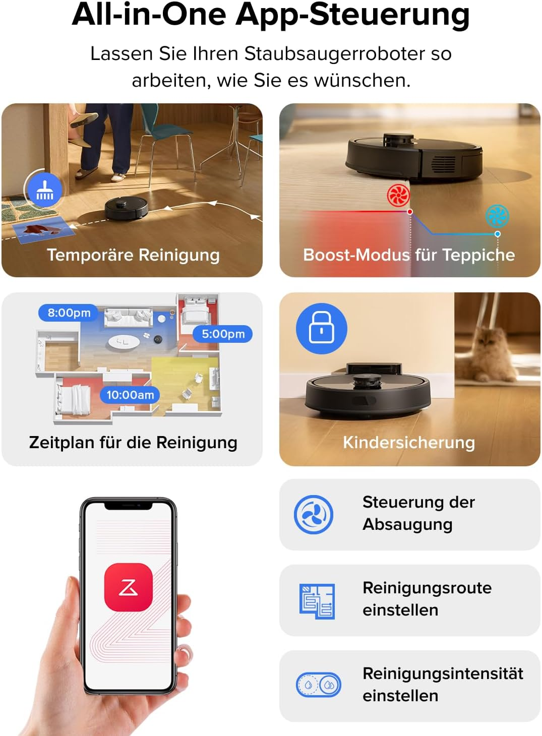 App-Steuerung mit Reinigungsplan, Boost-Modus, Kindersicherung und mehr.