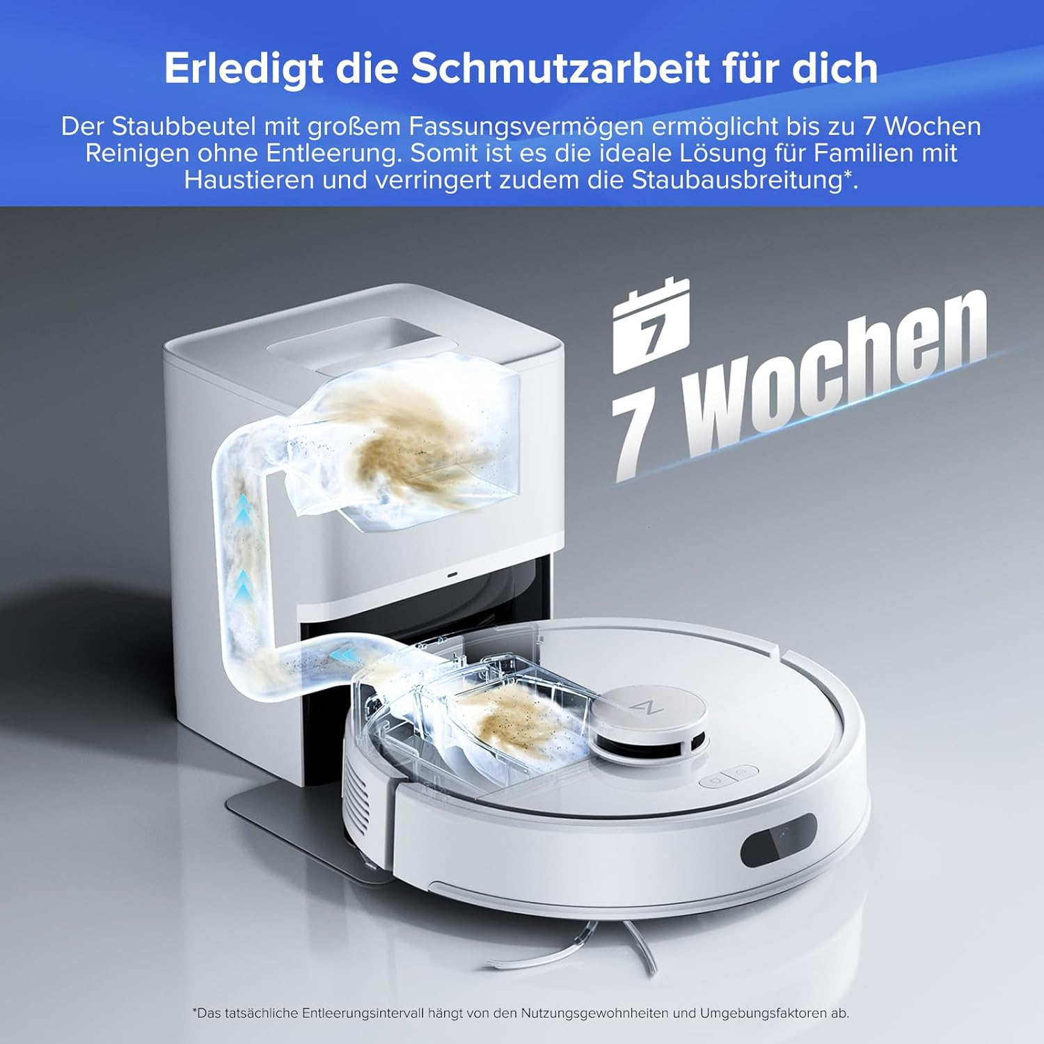 Ein Saugroboter leert sich selbst in eine Station, die Staub für 7 Wochen speichert.