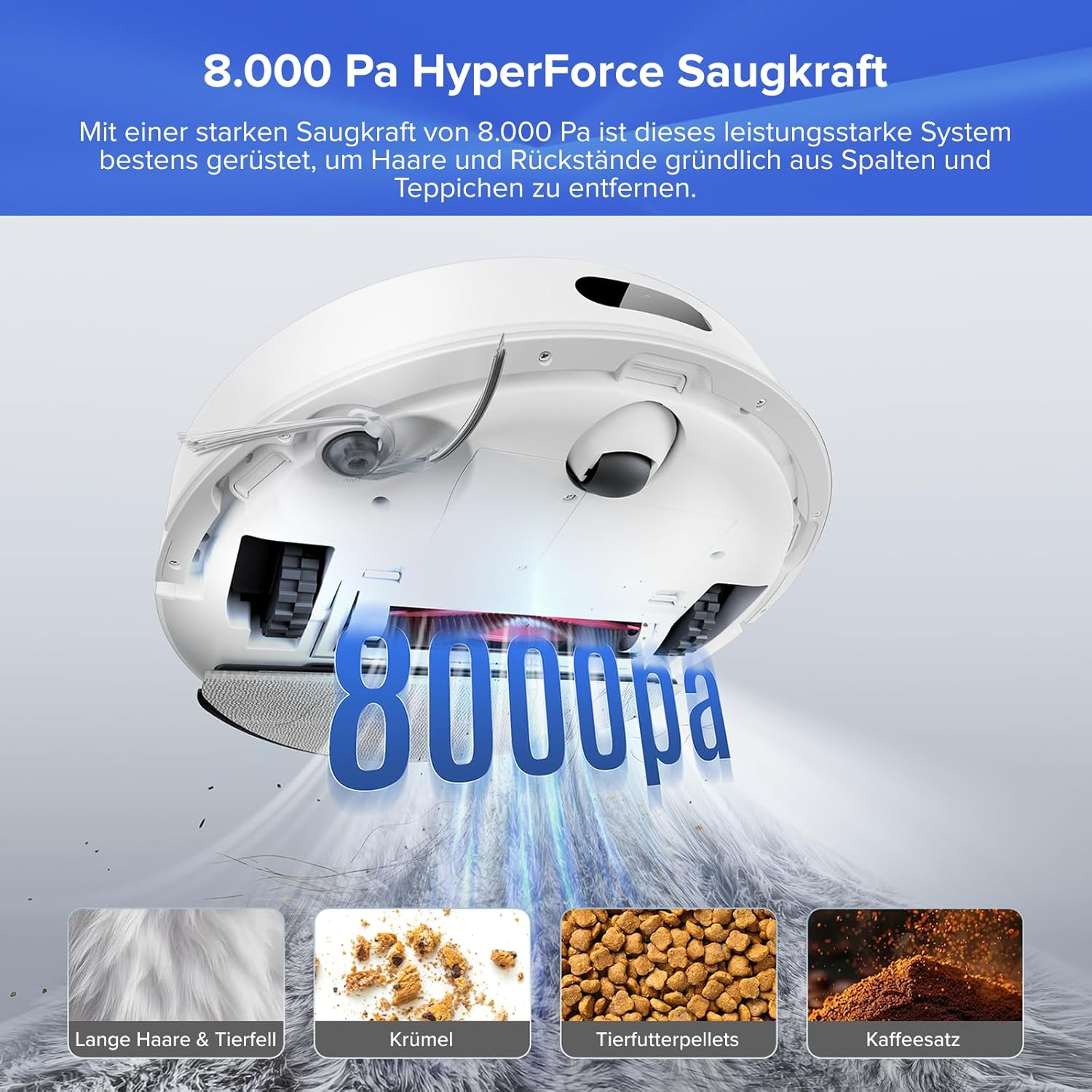 Ein Saugroboter saugt Haare, Krümel, Futter und Kaffeesatz auf.